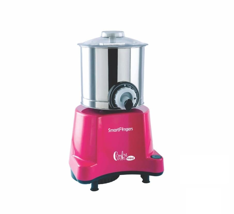 SmartFingers Comfort Plus Mini Table Top Wet Grinder 230v, 1.25 Liter, Pink | Hands-Free Batter Dispenser | Top Wiper, 120W Motor | 5 Years Warranty | AISI 304 Food-Grade SS Cylindrical Drum