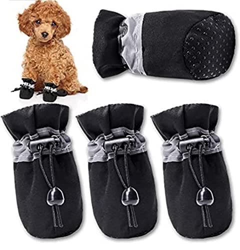 PETANGEL Dog Boots Paw Protector | Pack of 4pcs Anti-Slip Dog Shoes with Reflective Straps for Shihtzu, Papillon Bichon, Poodle, Cats etcs (Black, Size: 4, Feet Long: 5 cm, Feet Wide: 4 cm)