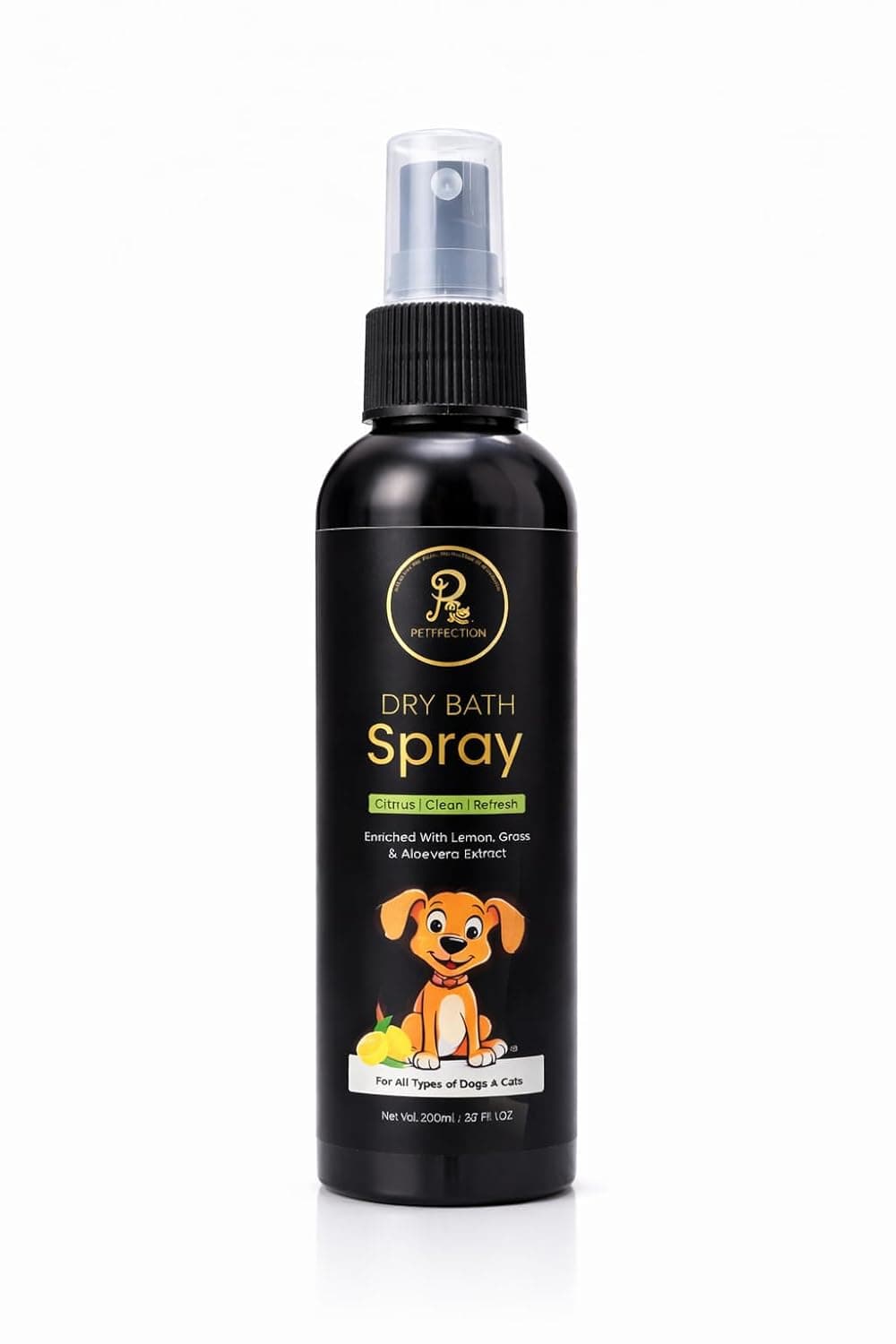 Petffection Lemongrass Fresh Dry Bath Spray for Dogs & Cats | Waterless No-Rinse Pet Shampoo | Smooth & Silky Coat | Itch Relief | 200ml