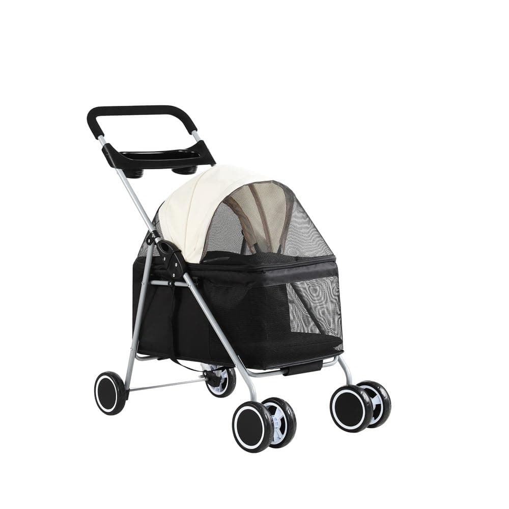 Emily Pets 4-Wheel Pet Stroller for Small Medium Dogs & Cats – Foldable, Waterproof Travel Carrier with Cup Holder, Removable Liner, Portable Dog Stroller, Black-White
