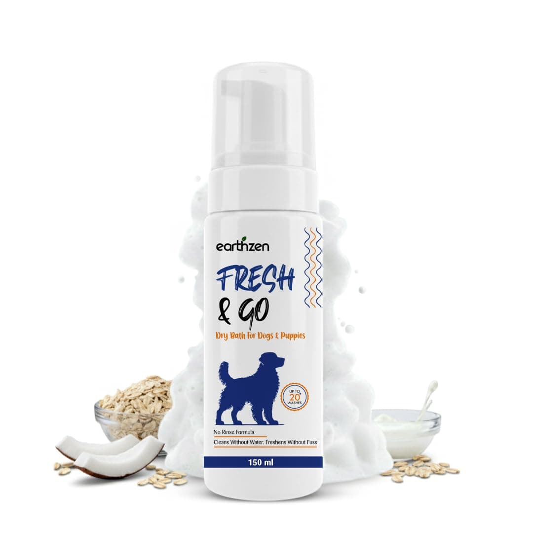 Fresh & Go Waterless Dry Shampoo for Dogs & Puppies | No-Rinse Dry Bath for Instant Clean | Enriched with Lemongrass, Neem & Tulsi Oil | Non-Toxic Pet Grooming & Hygiene (150 ml)