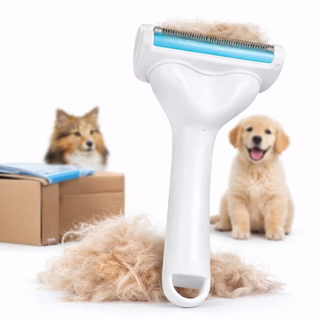 Pet Deshedding Brush for Dogs and Cats, Stainless Steel Teeth, Ergonomic Rubberized Handle, White and Blue, Push Button Fur Release