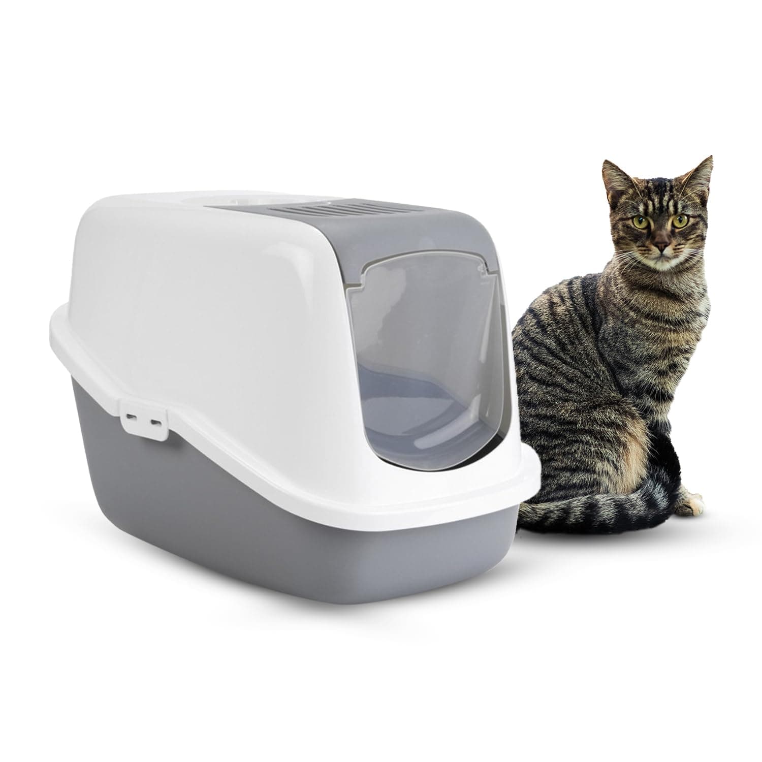 Savic Nestor Covered Cat Litter Box for Indoor Cats, Enclosed Hooded Cat Toilet Home with Flip-Up Door, Odor Control & Easy Cleaning Design – Cold Grey, 22x15x15 Inch