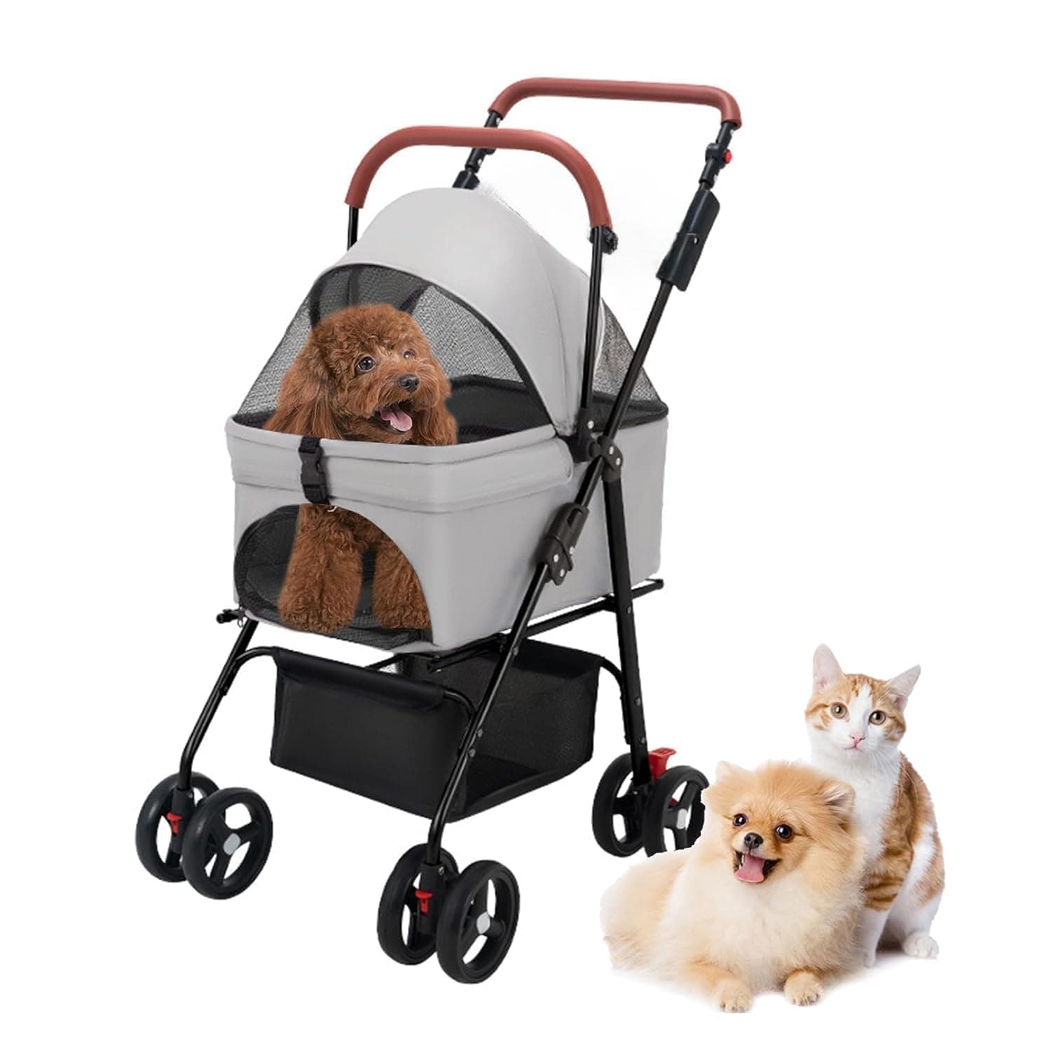PSK PET MART Dog Cat Strollers for Small Medium Dogs and Cats, Easy One-Hand Folding Stroller for Small Dogs with Storage Basket and Removable Liner,360 Rotating Front Wheels,Rear Shock and Durable Rubber Wheels
