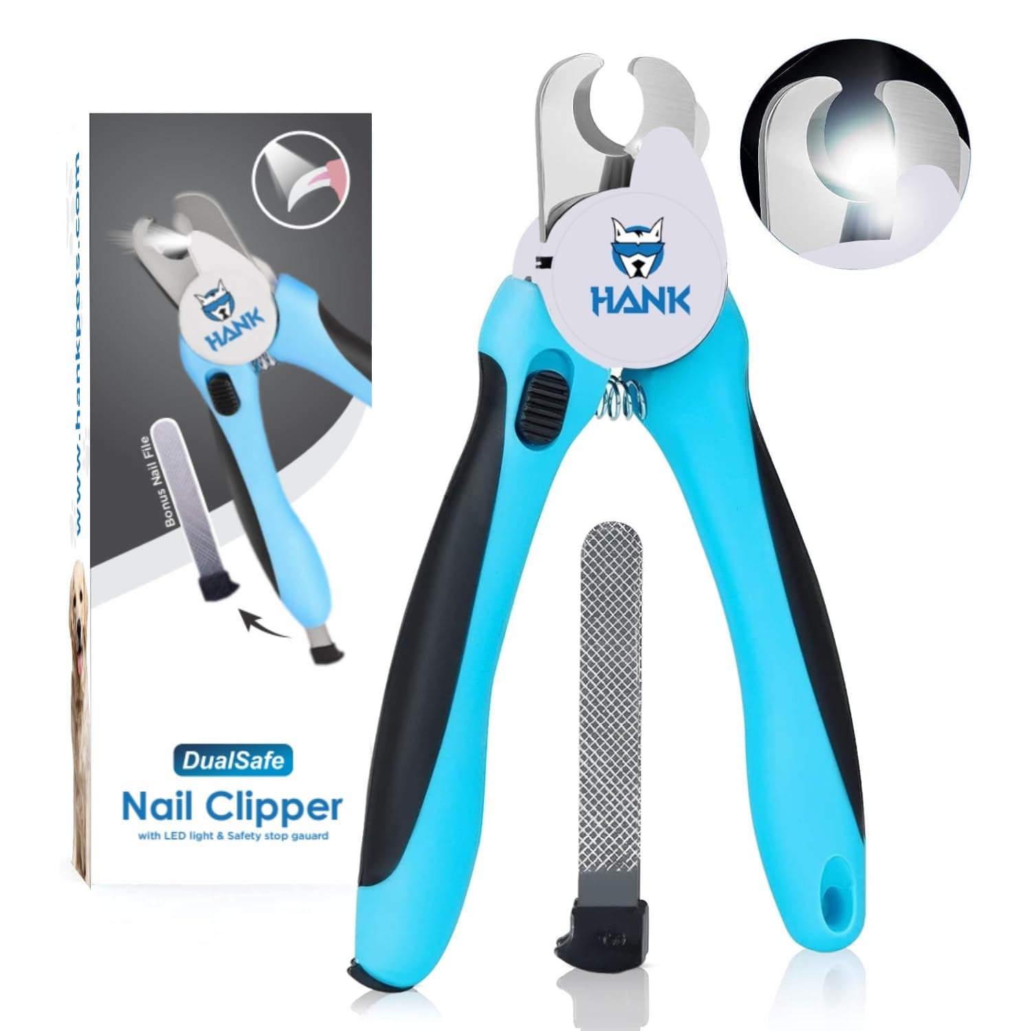 HANK LED Dog Nail Trimmer - Extra Sharp Stainless Steel Blade - Illuminates Light for Nails Bloodline - Avoid Over Cutting - Pet Nail Cutter for Small Medium Large Breed (LED Model)