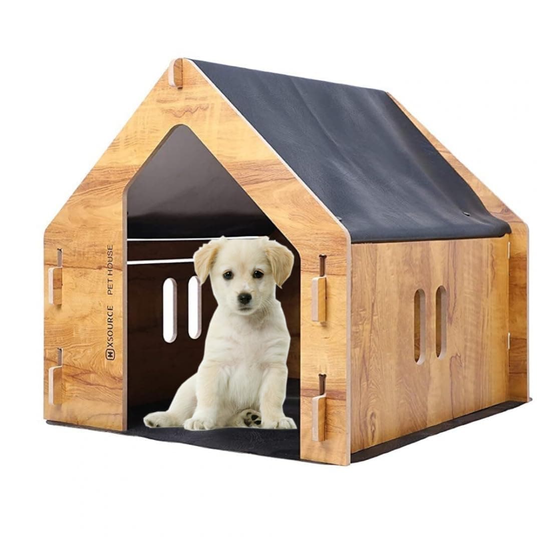 Dog Cat Pet House for Dogs Large Wooden Small Medium Foldable with Mat and Roof Indoor Outdoor use Easy Assemble Breathable Crate Kennel Playing Resting (Medium)