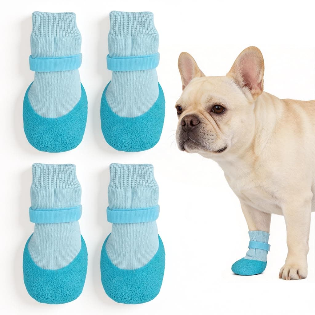 Qpets® 4Pcs Non-Slip Dog Socks, Rubber Dog Shoes Waterproof Pet Paw Protector Shoes with Soft Knit Upper & Durable Grip Sole, Adjustable Strap Pet Booties for Dogs Cat Indoor Outdoor Walking M 4-6.5KG