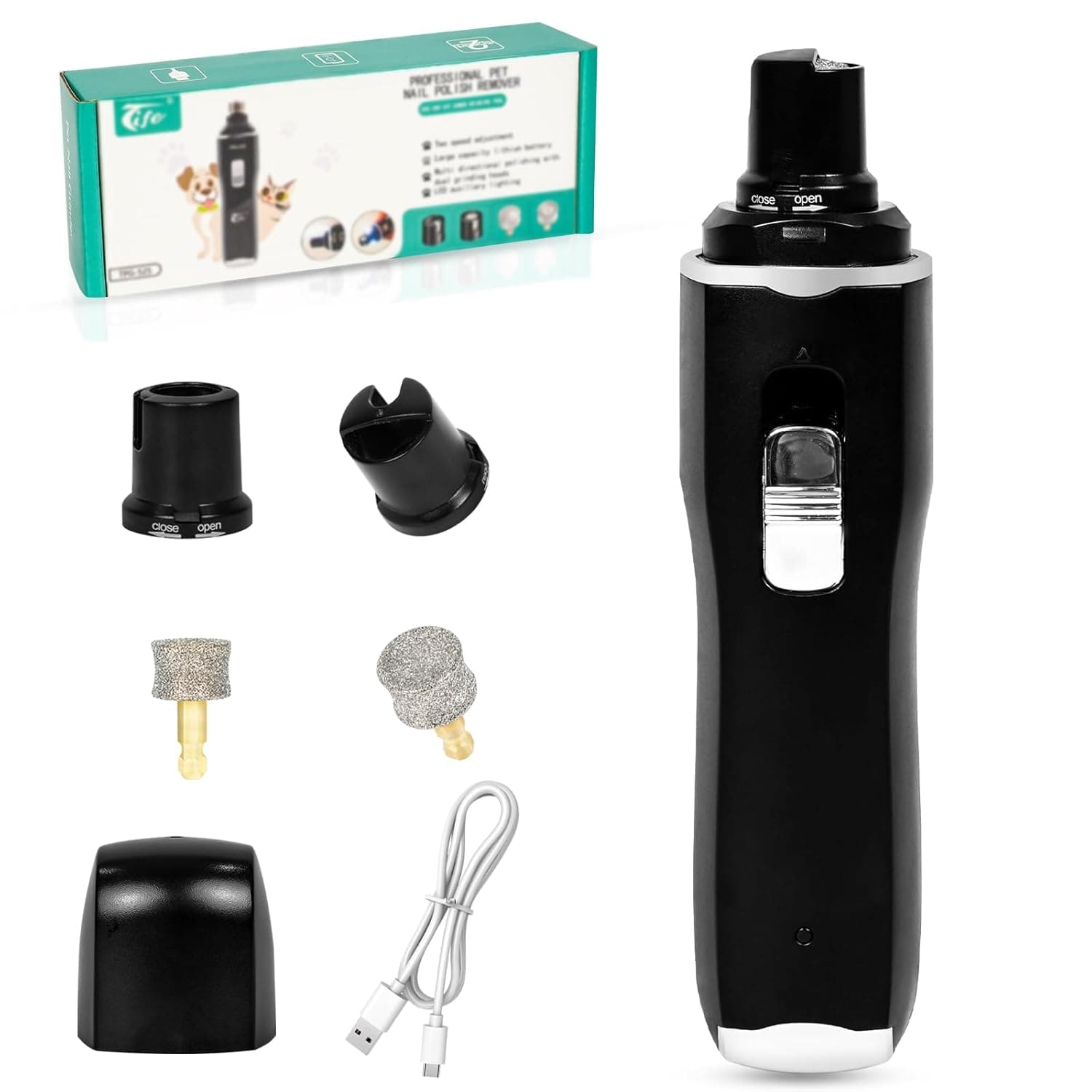 Tife Dog Nail Grinder,2 Led Lights and 2 Speed Electric Rechargeable Dog Nail Trimmer,Quiet and Low-Vibration Pet Nail Grinder,Painless Dog&Cat Grooming Supplies for Large Medium Small Pets