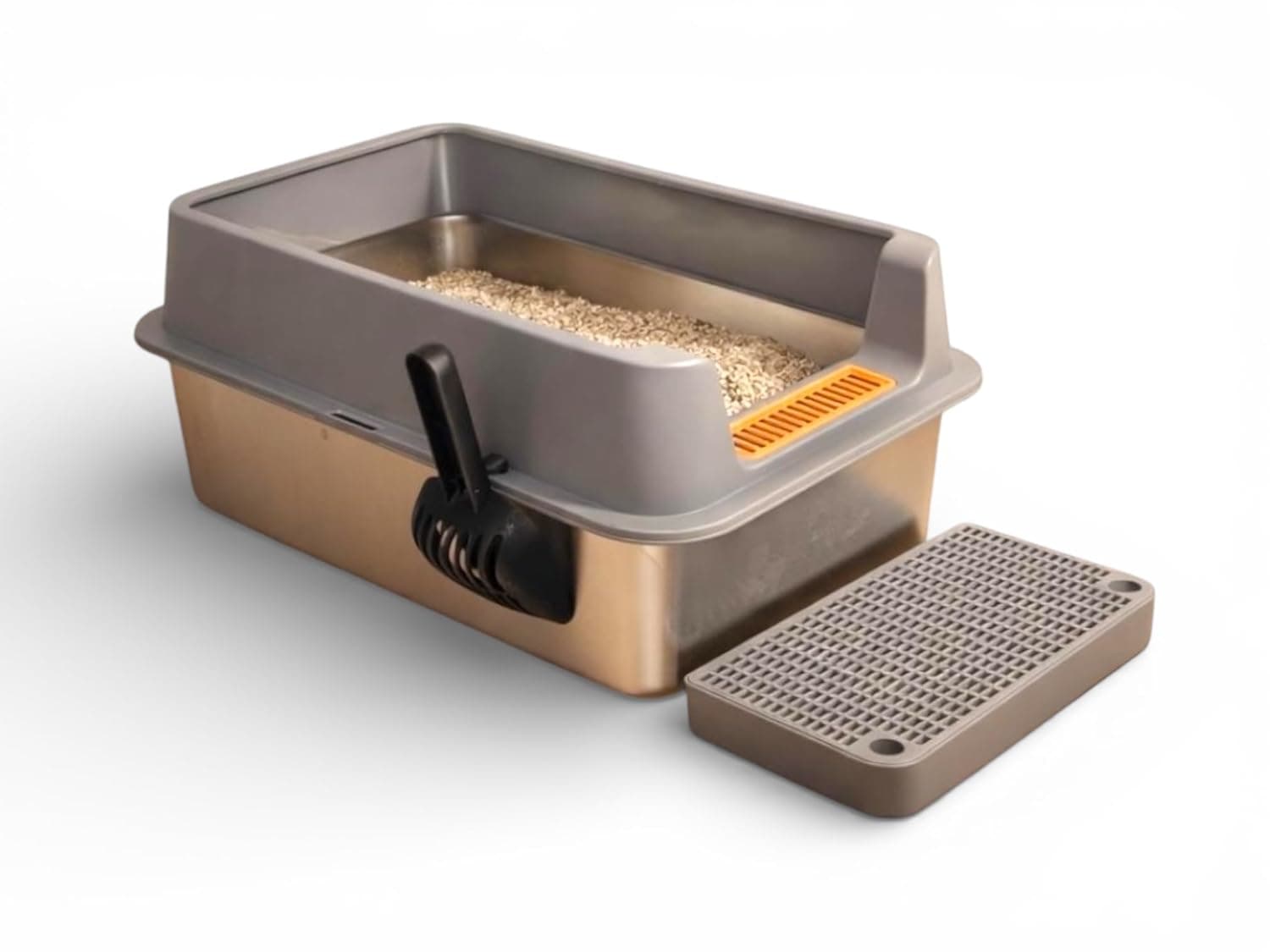 Macushla Stainless Steel Cat Litter Box Half Covered with High Walls 60 * 40 * 25 cms, Anti-Scatter Design, Rust Proof Metal Litter Tray with Scoop & Mat for Kittens and Adult Cats