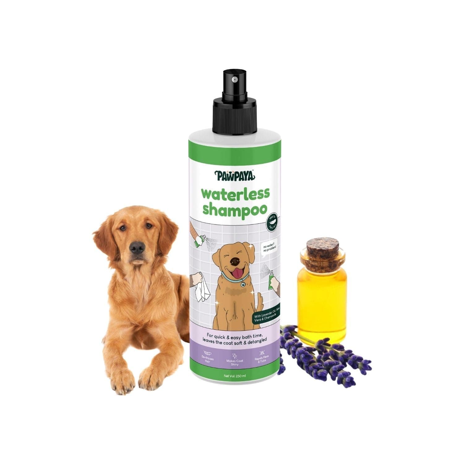 Pawpaya Waterless Shampoo for Dogs & Puppies | No-Rinse Spray Formula with Aloe Vera, Lavender & Chamomile | Cleans, Deodorizes & Soothes Skin | Frizz-Free & Itch Relief