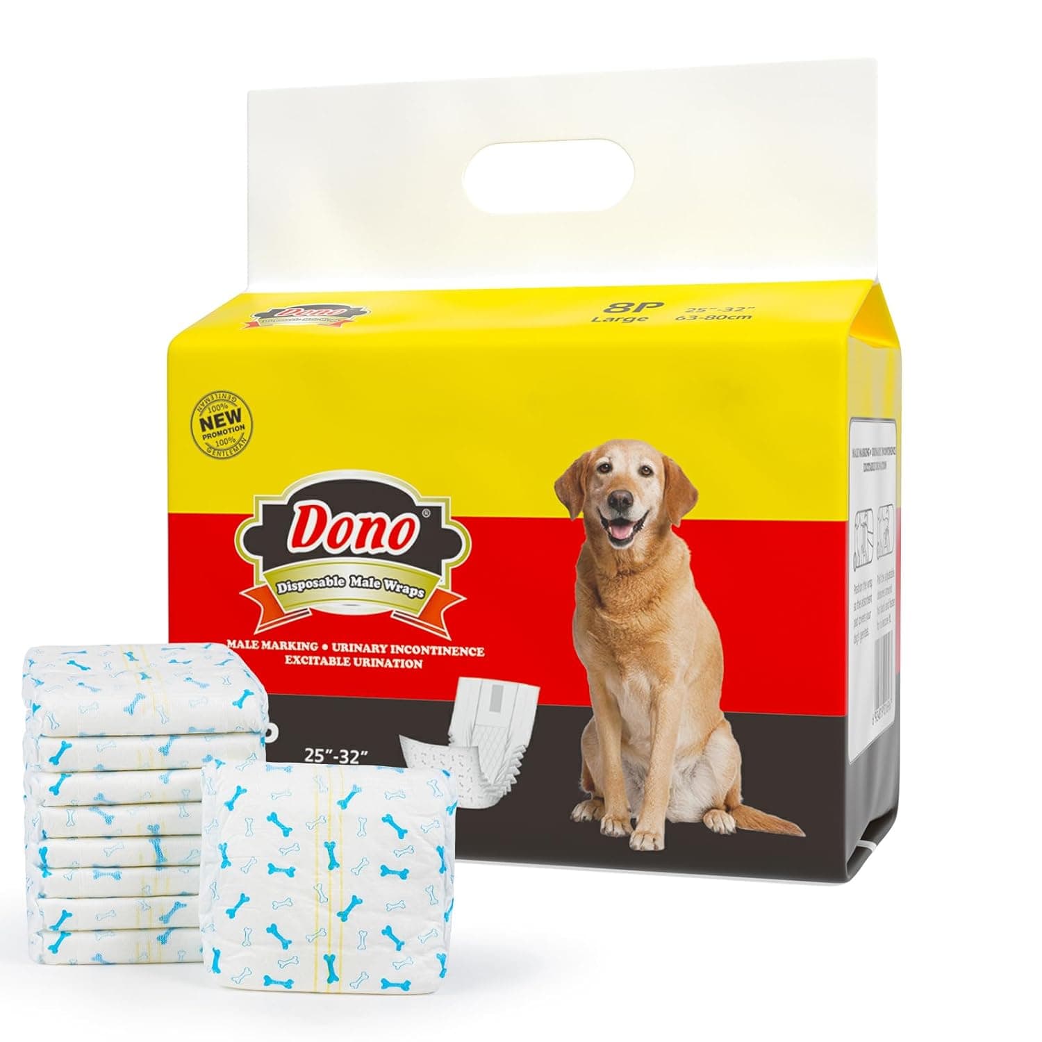 Disposable Male Wraps Dog Diapers - Dono Super Absorbent Soft Diapers for Male Dogs,with Wetness Indicator,8pcs,L (25"-32")