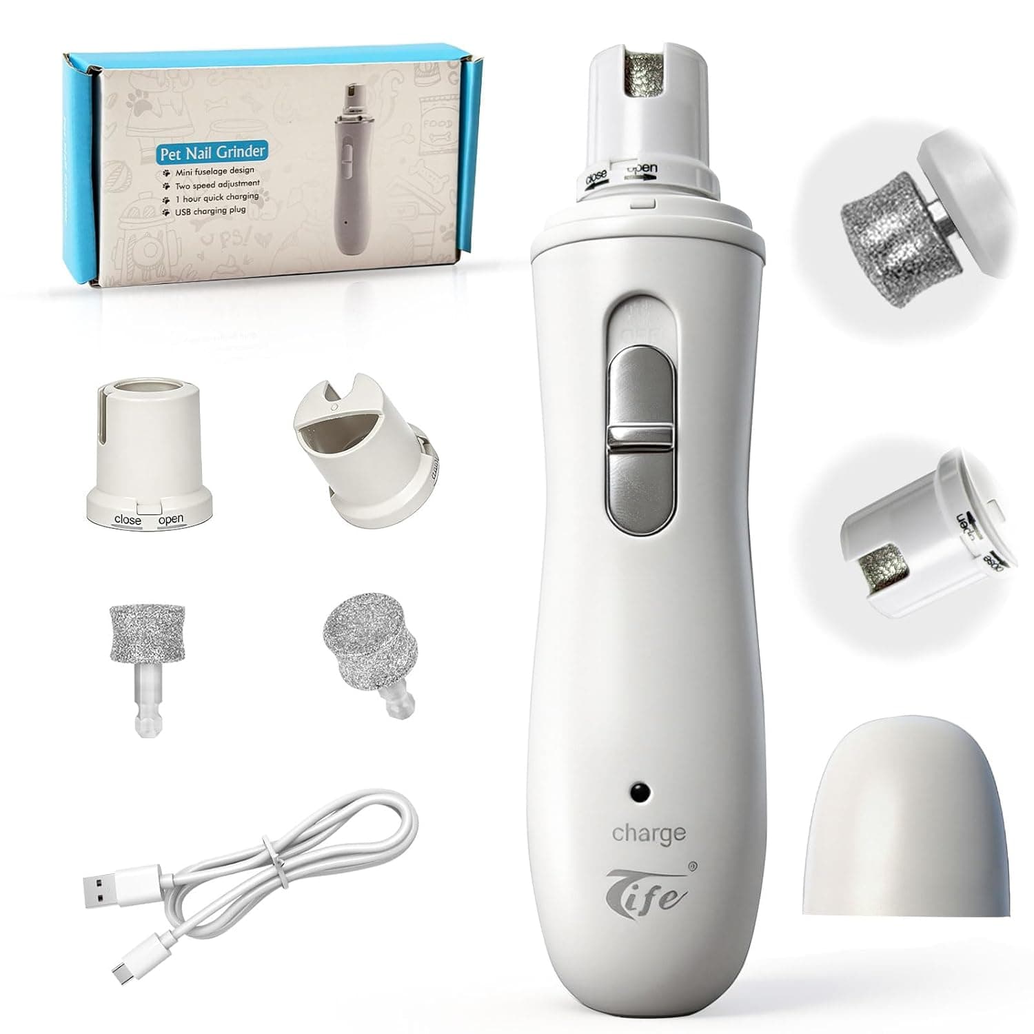 Tife Dog Nail Grinder,2 Speed Electric Rechargeable Dog Nail Trimmer,Quiet and Low-Vibration Pet Nail Grinder,Painless Dog&Cat Grooming Supplies for Large Medium Small Pets (White-528)