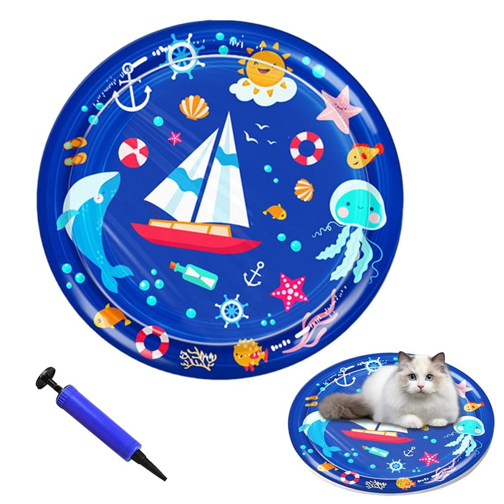 Qpets Polyvinyl Chloride Inflatable Pet Cooling Water Pad, 25.6" Thicken PVC Cartoon Mat for Dogs & Cats, Summer Self-Cooling Relief Bed with Water Fill, Manual Air Pump Included, Blue