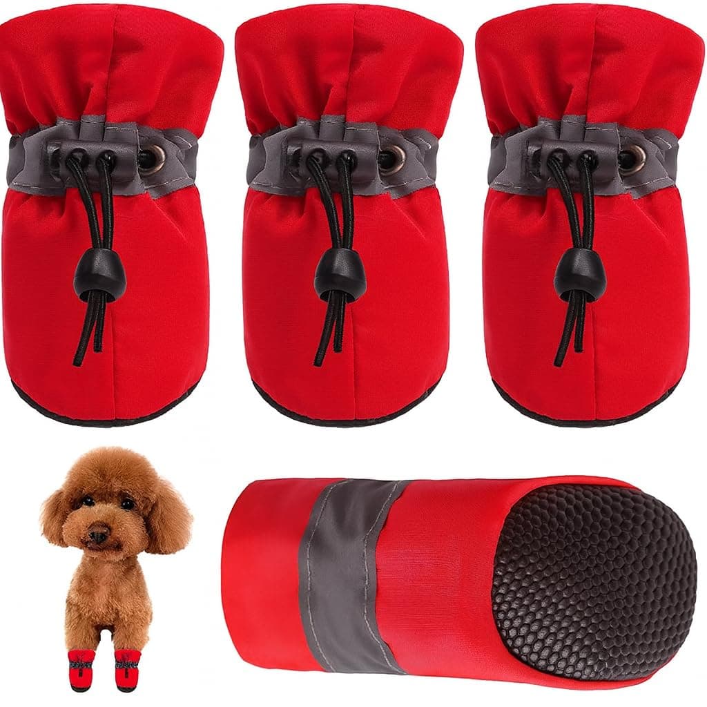 KUTKUT Small Dog Boots Paw Protector | Pack of 4Pcs Upgraded Anti-Slip Dog Shoes with Reflective Straps for Shihtzu, Bichon, Poodle (Red, Size: 4, Feet Long: 5cm, Feet Wide: 4cm)