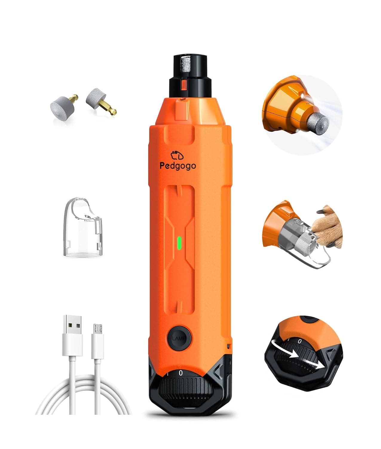 Dog Nail Grinder Super Quiet 45 db 6-Speed Pet Nail Grinder with 2 LED Lights 12000RPM & 3 Grinding Ports Dog Nail Trimmer for Large Medium Small Dogs with Dust Cap & 2 Extra Grinding Heads