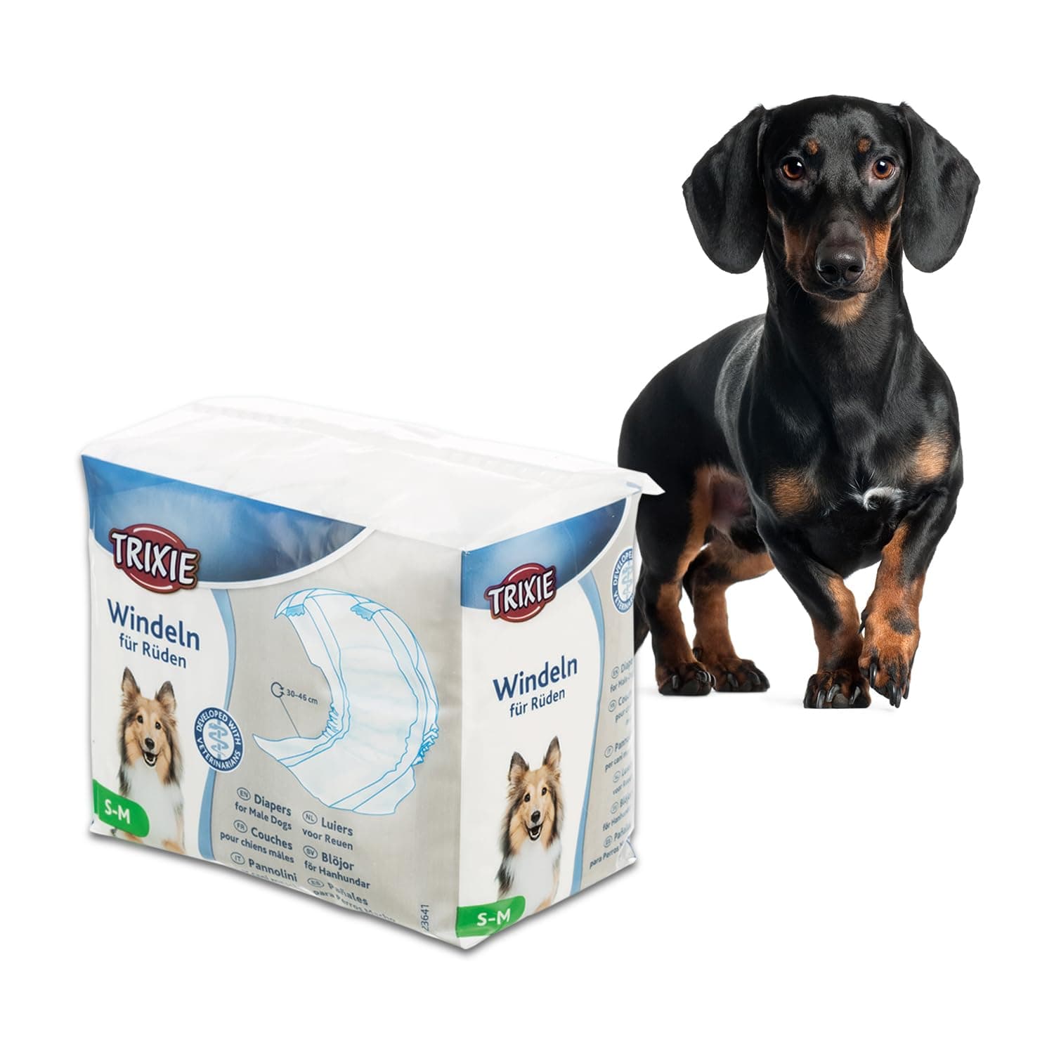 Trixie Disposable Diapers for Male Dogs, Polyester Material, Comes with Adhering Fasteners & an Elastic Band, can be Used to Avoid Male Marking, Excitable Urination, S-M 30-46cm, 12pcs