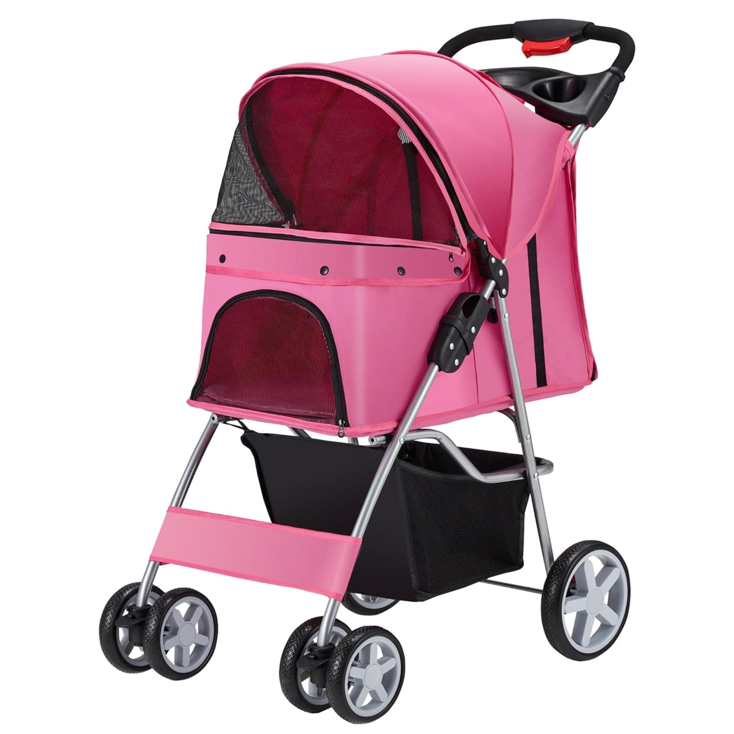 Pet Stroller, 4 Wheels Pet Strolling Cart for Medium/Small Dogs and Cats, Foldable Cat Jogger/Dog Stroller with Cup Holder, Storage Basket, Breathable Mesh, All-Season Pet Carrier, Pink