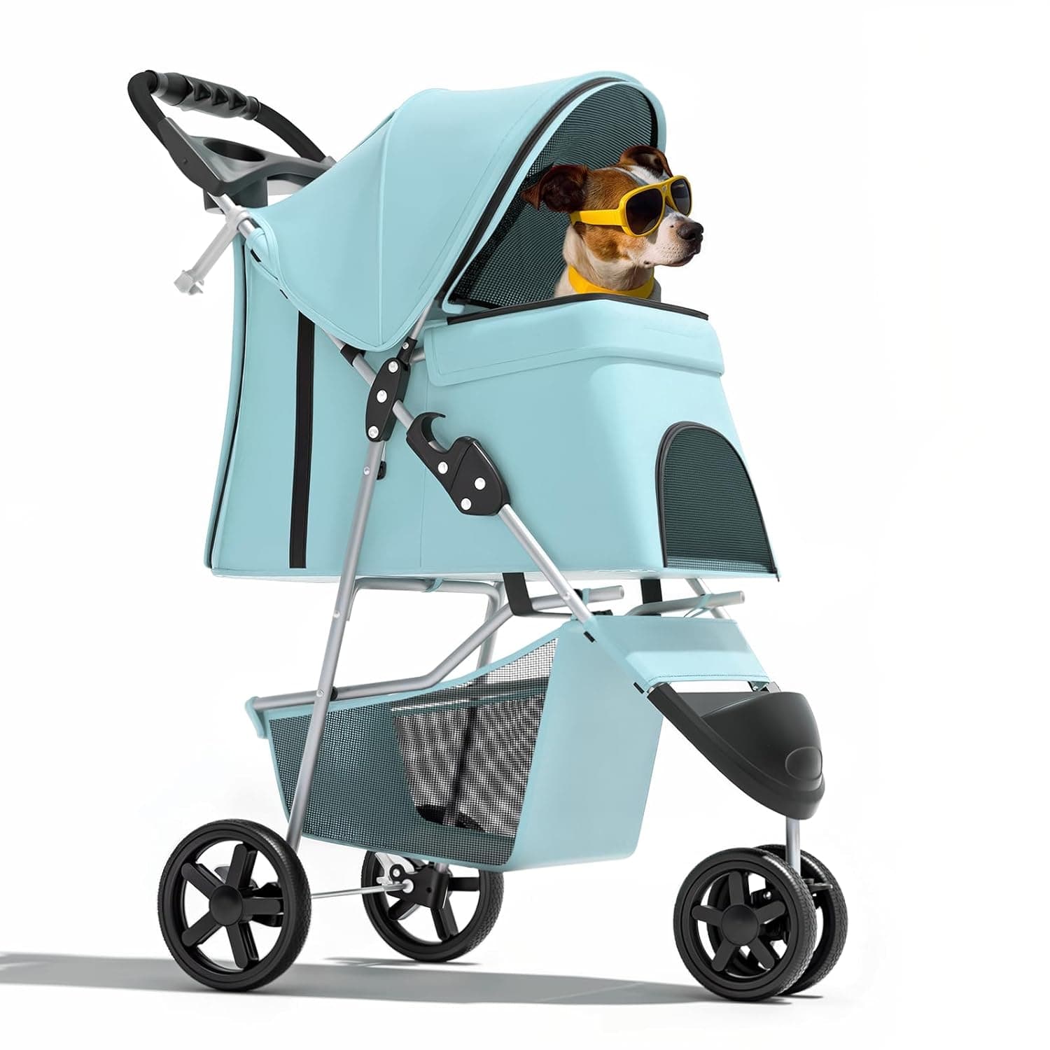 Magshion 3 Wheel Foldable Pet Dog Stroller Cats Carrier Jogger Travel Lightweight with Storage Basket and Cup Holder, 35lbs Capacity, Mint Green