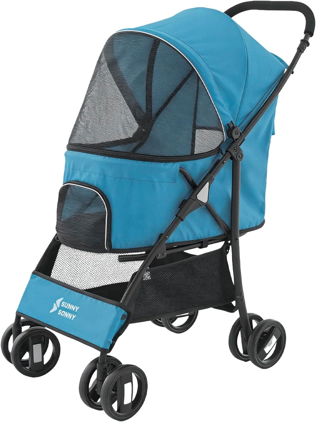 4 Wheels Pet Stroller,Easy-Foldable Dog Cat Cage Jogger Stroller with Weather Cover for All-Season,Storage Basket and Visible Mesh for Small/Medium Pets up to 33lbs (Blue)