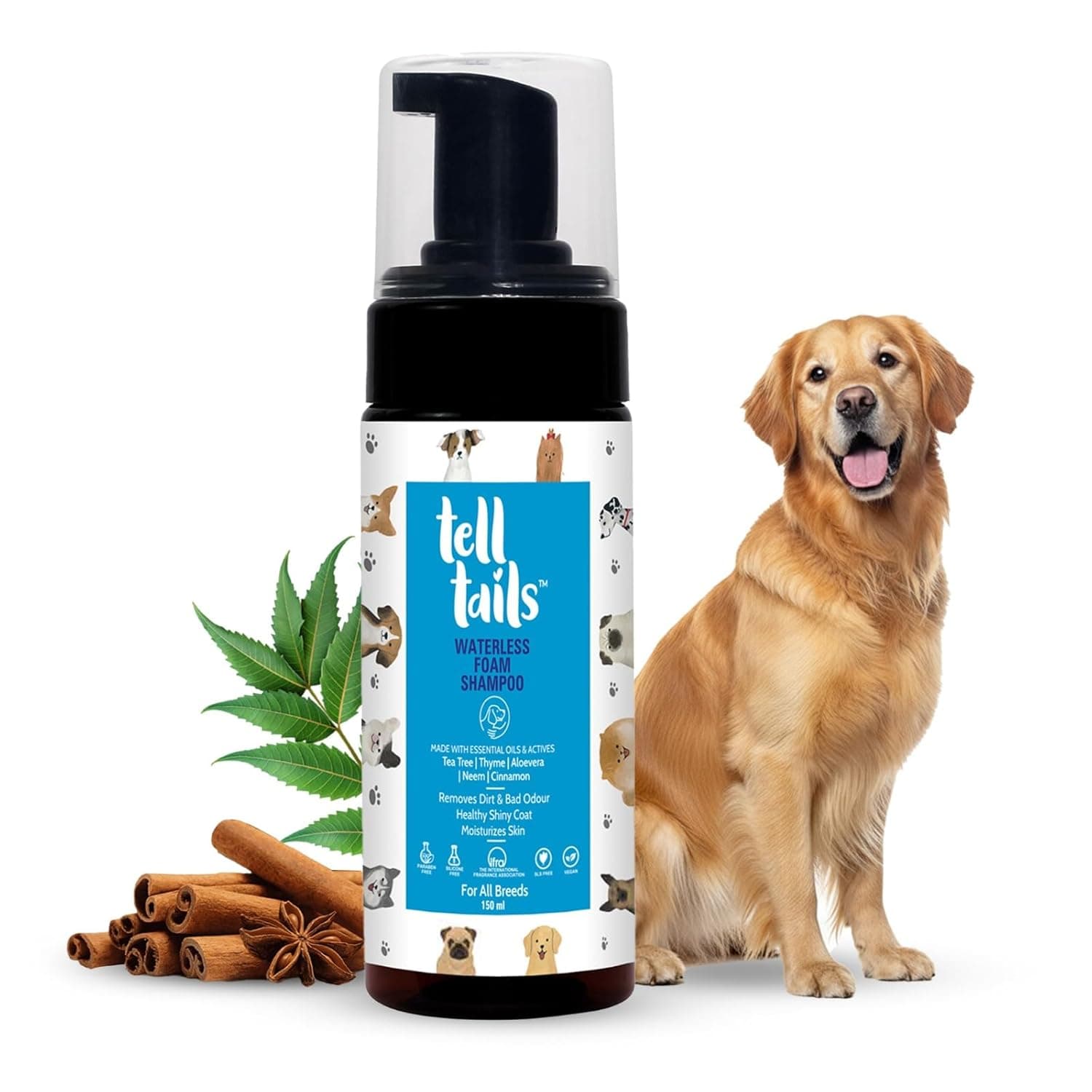 Waterless Dog Shampoo - 150ml, Odor, Dirt & Tick Removal, Moisturizes, Adds Shine & Detangles, Made with Neem, Tea Tree, Aloe Vera & Cinnamon Extracts, for Dogs