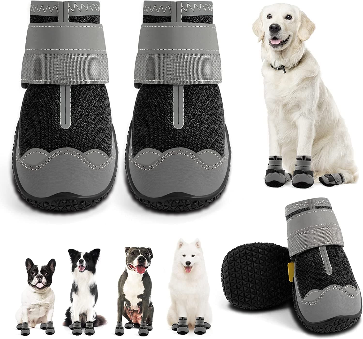 KUTKUT Dog Boots for Hardwood Floor | Breathable Dog Shoes | 1 Pair Pack of 4pcs Dog Booties with Reflective Anti-Slip Sole | Outdoor Paw Protectors with Rubber Soles for Hiking & Running (Size: 8)