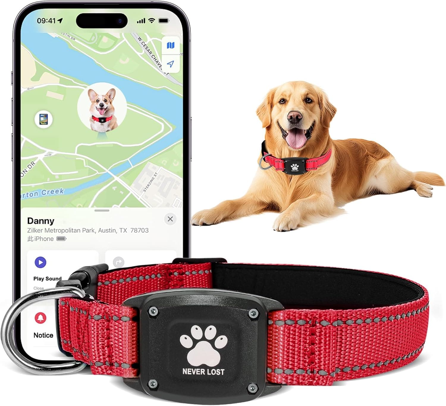 GPS Dog Collar Tracker 2-in-1,Reflective Waterproof Pet Collar,iOS-Only,No Monthly Fees,Unlimited Range,Dog Tracking Collar Pet Tracker,for Small Medium Large Dogs(M (15"-20.5"), Red)