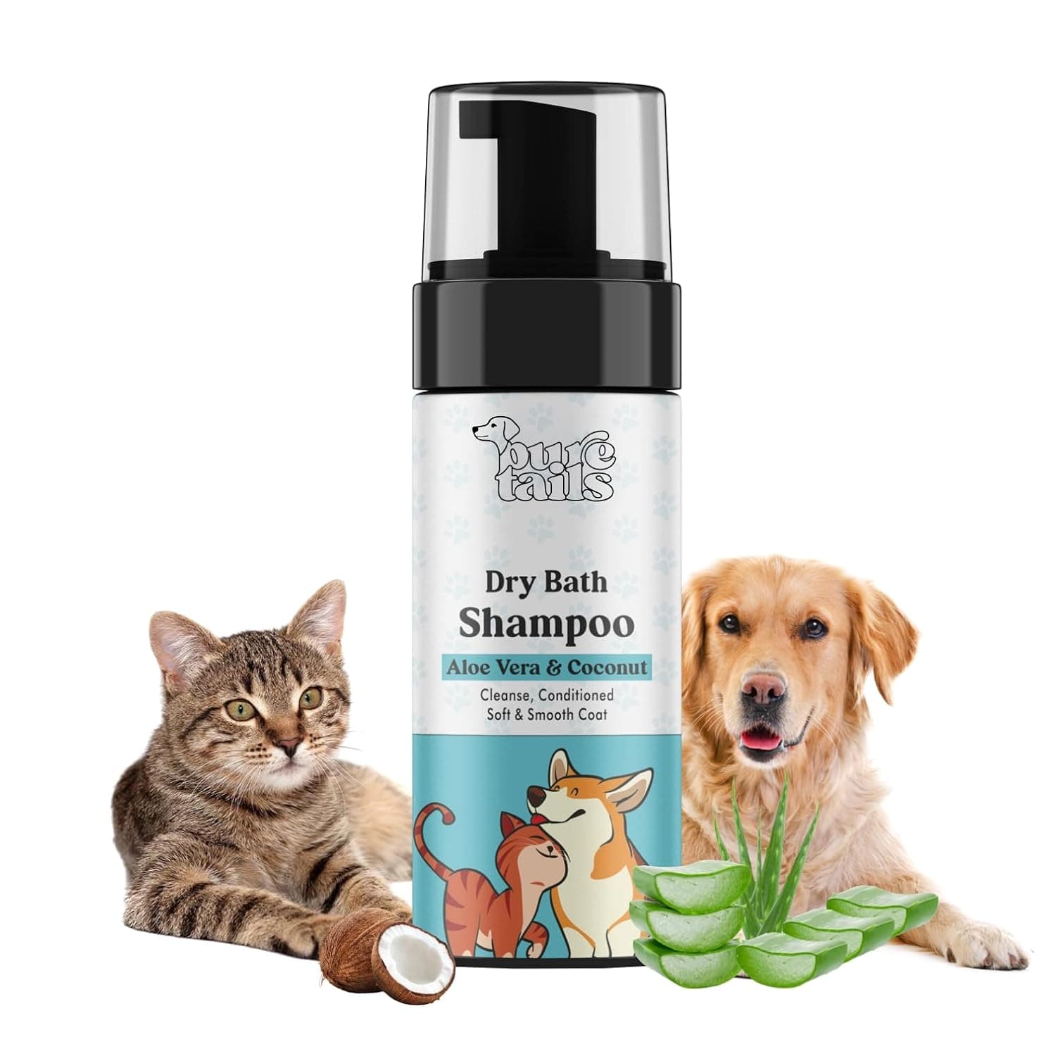 Waterless Dry Bath Shampoo with Aloe Vera & Coconut, Natural Pet Cleansing Formula for Dogs & Cats, 110 ml