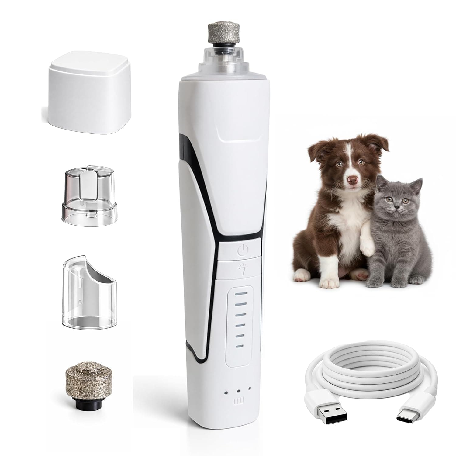 Pets&Kins Dog Nail Grinder for Dogs & Cats | 6 Speed Electric Pet Nail Trimmer (7000–11000 RPM) with 360° LED Light| Low Noise Nail File with Extra Grinder Head | for Small Medium Large Pets | White