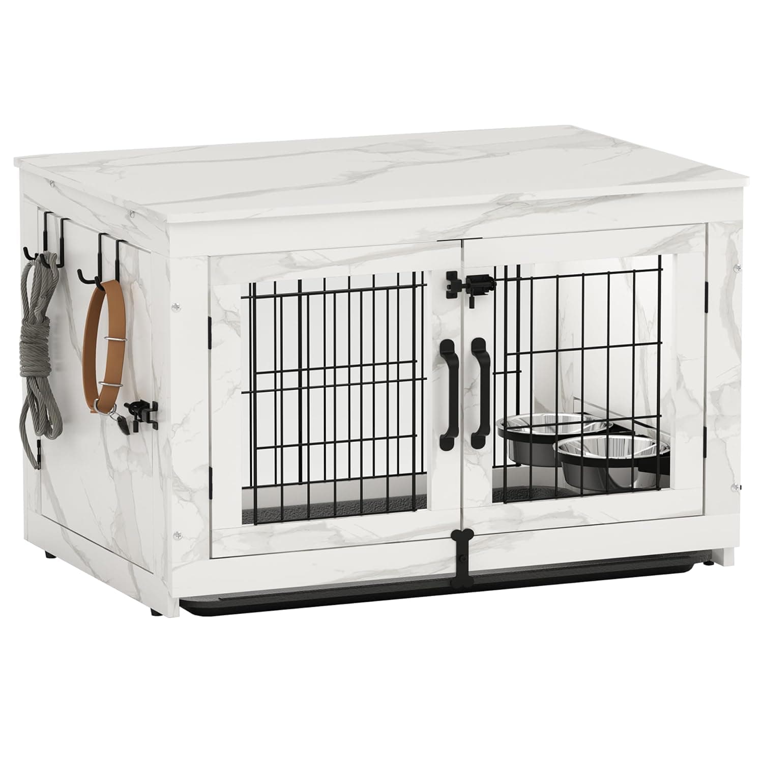 Piskyet Wooden Dog Crate Furniture with 360°Rotatable Removable Dog Bowls, Dog Crate End Table with Tray, Double Doors Dog Kennels for Dogs(M:31.8" L*22.1" W*24.1" H,Marble White)