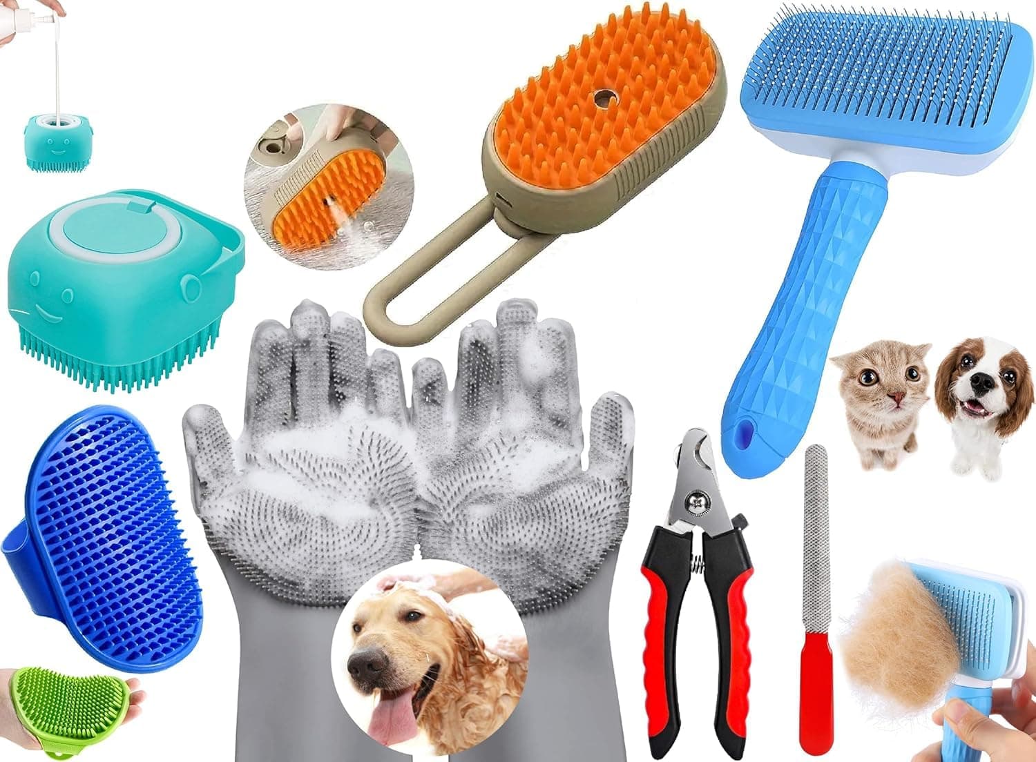 6-in-1 Pet Grooming Combo for Dogs & Cats | Deshedding Brush, Slicker Brush, Deshedding Glove, Nail Clipper, Silicone Shampoo Dispenser, Comb & Grooming Tools | Home Pet Care Kit