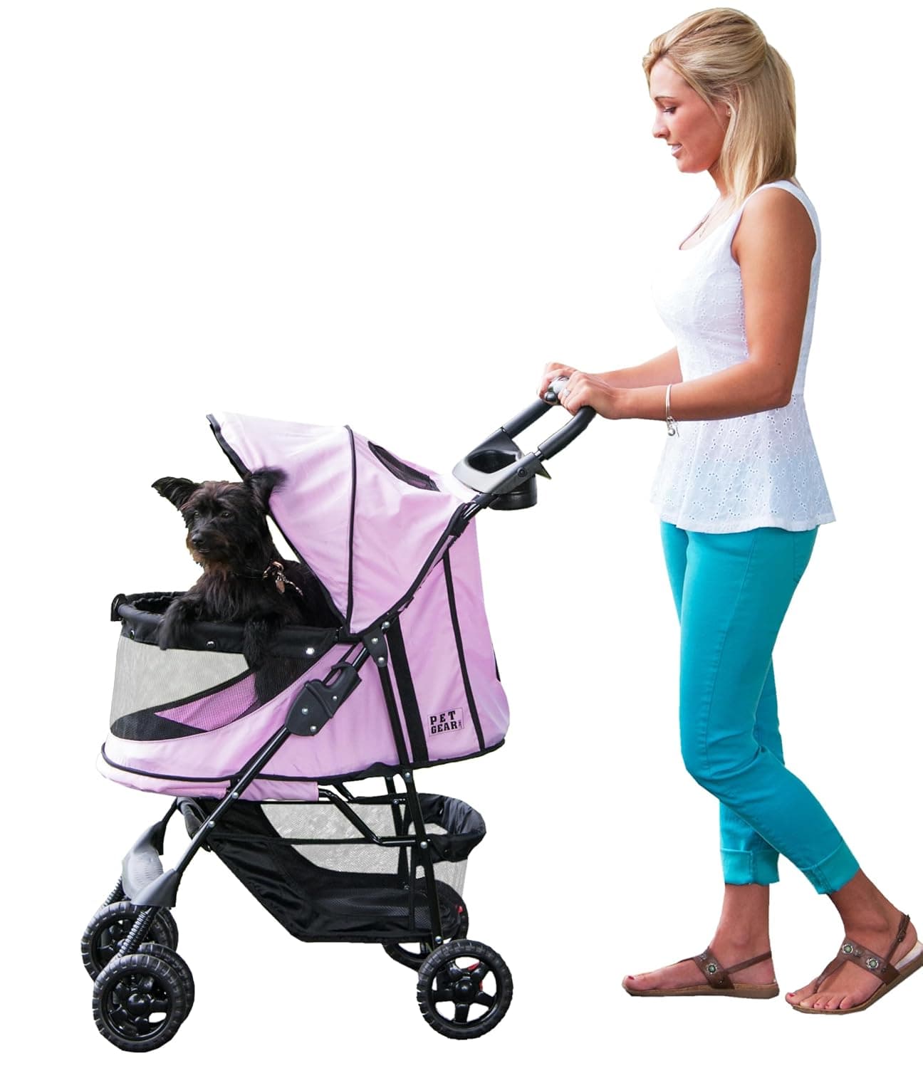 Pet Gear No-Zip Happy Trails Pet Stroller for Cats/Dogs, Zipperless Entry, Easy Fold with Removable Liner, Storage Basket + Cup Holder, Pink Diamond