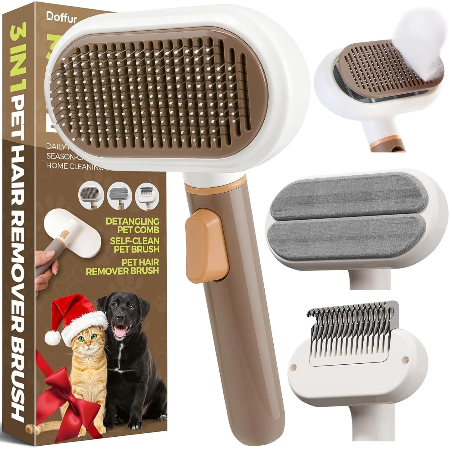 3 in 1 Self Cleaning Pet Grooming Brush for Dogs & Cats | Deshedding Slicker Hair Remover Comb | Skin Friendly Undercoat Massager | Non Slip Handle for Long & Short Hair Pets