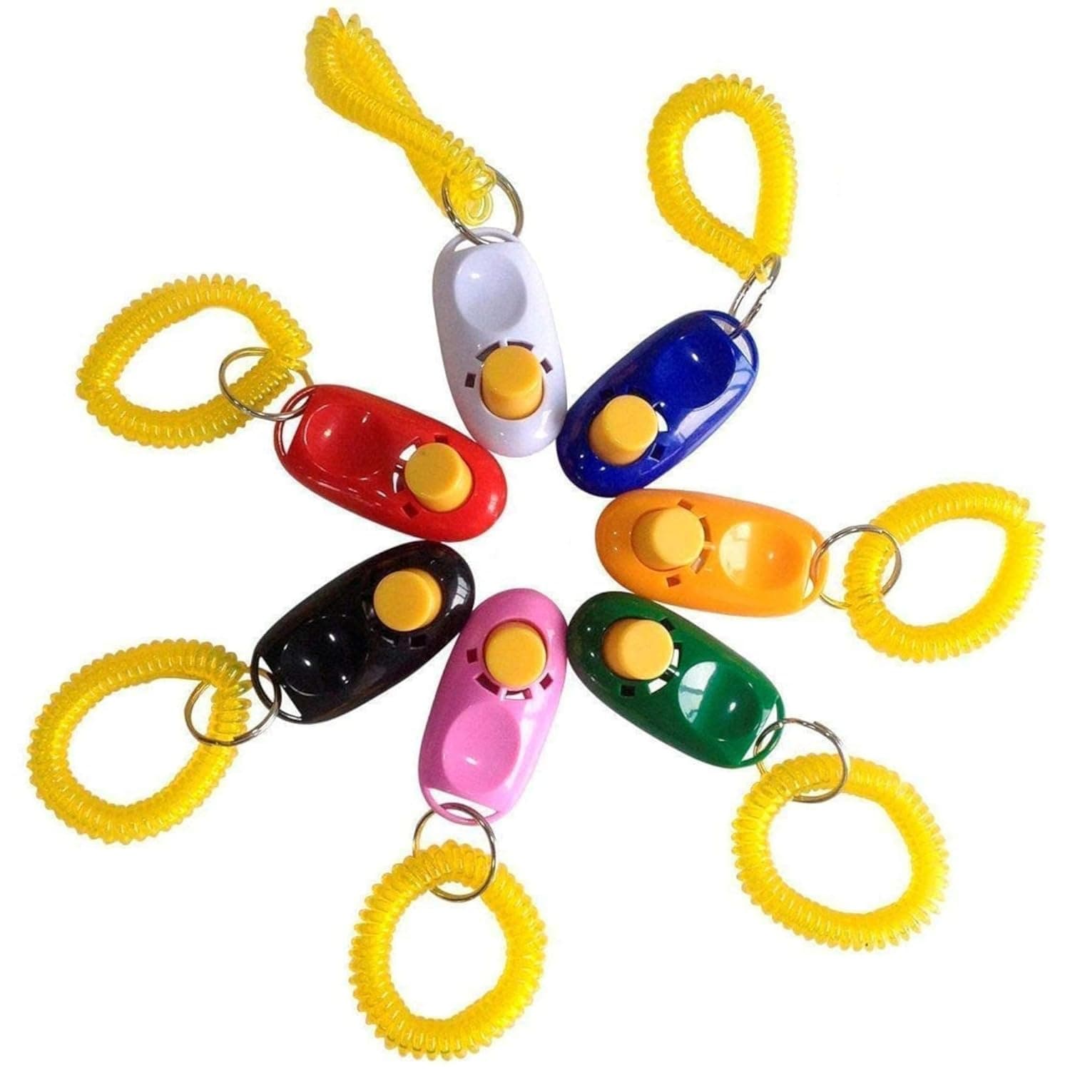 7 Dog Clickers with wrist bands - Colorful & Practical Set of Simple,Convenient & Effective Training Tools for Puppy orCat - Humanized Scientific Professional Design - Perfect Size & Sound