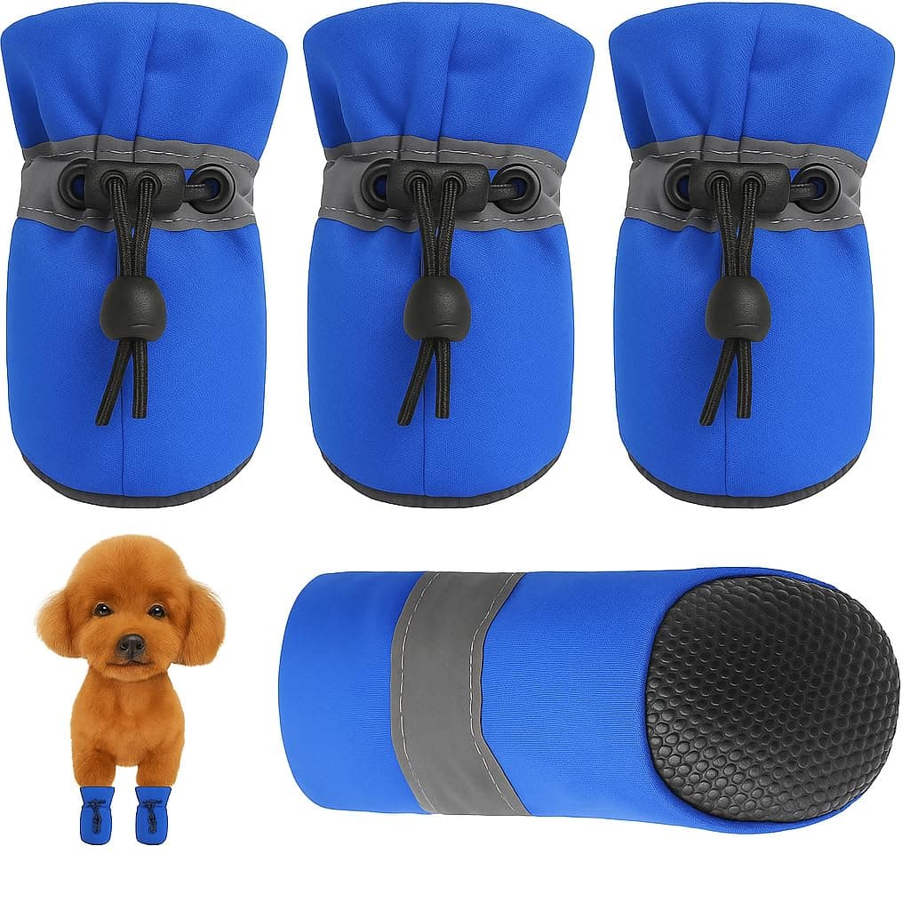 KUTKUT - Small Puppies Shoes for Paw Protection, Pack of 4Pcs Anti-Slip Dog Boots with Reflective Stripe & Soft Soled Skidproof with Adjustable Drawstring for Newely Born Puppies (Blue, Size: 1)