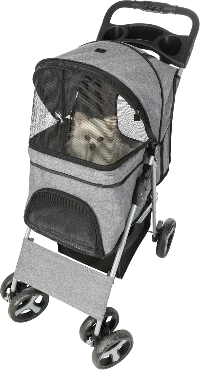 Trixie Pet Stroller with 360° Rotating Wheels – Grey Dog & Cat Travel Stroller with Mesh Windows, Storage Compartments, and Parking Brakes