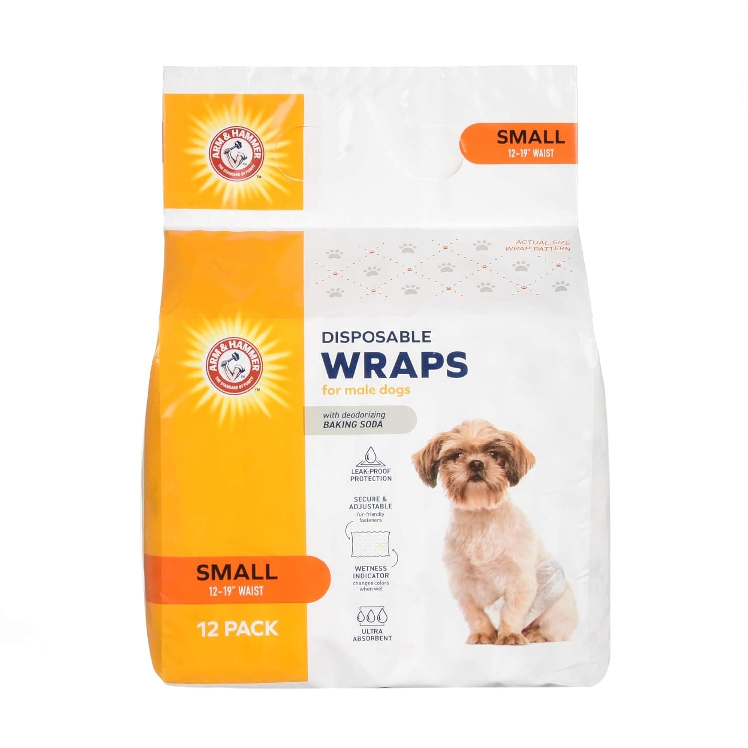 Arm & Hammer for Pets Male Dog Wraps, Size Small, 12 Count | Ultra-Absorbent, Adjustable Male Dog Diapers with Leak-Proof Protection and Wetness Indicator | Baking Soda for Odor Control