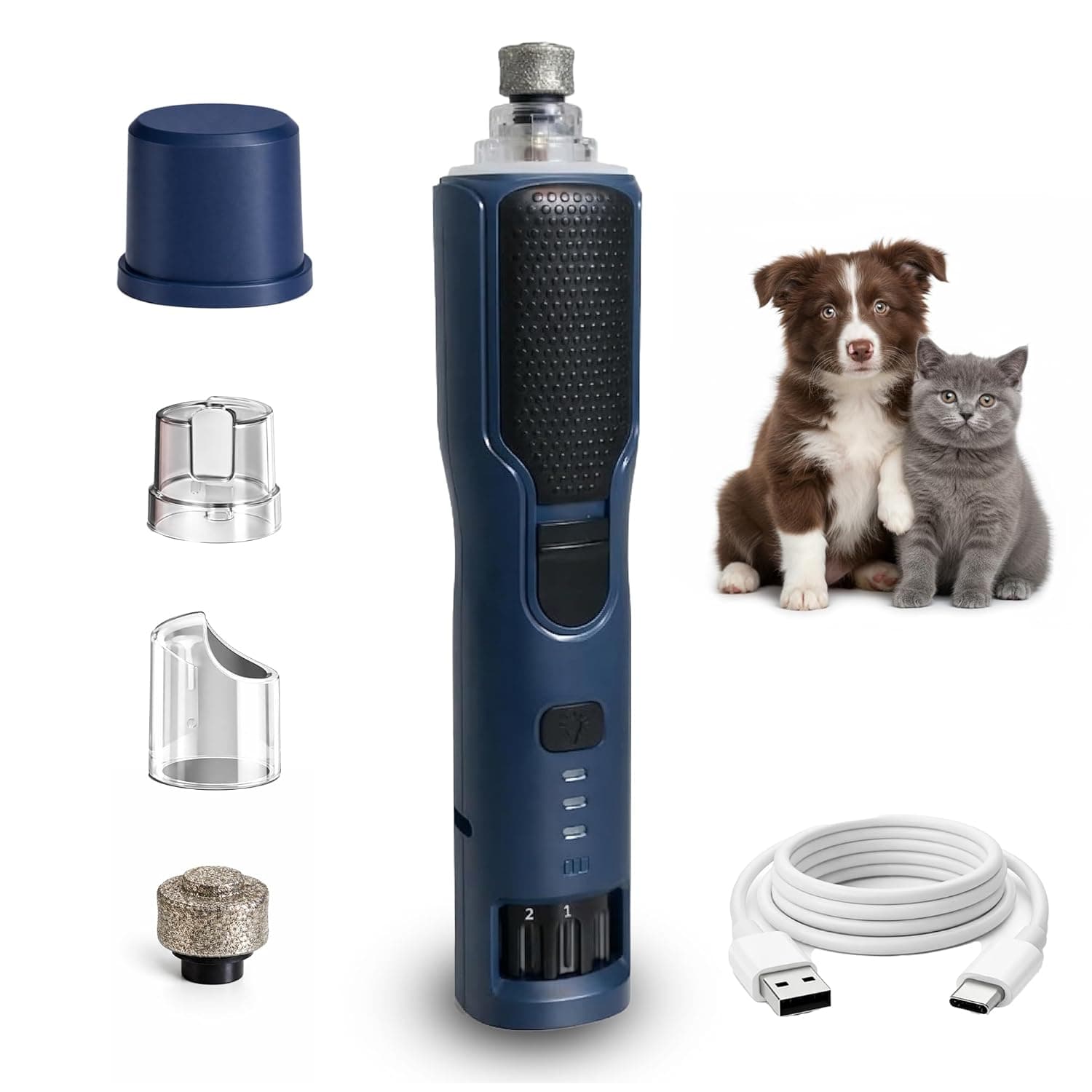 Pets&Kins Dog Nail Grinder for Dogs & Cats | 7 Speed Electric Pet Nail Trimmer (5000–11000 RPM) with 360° LED Light| Low Noise Nail File with Extra Grinder Head | for Small Medium Large Pets | Blue