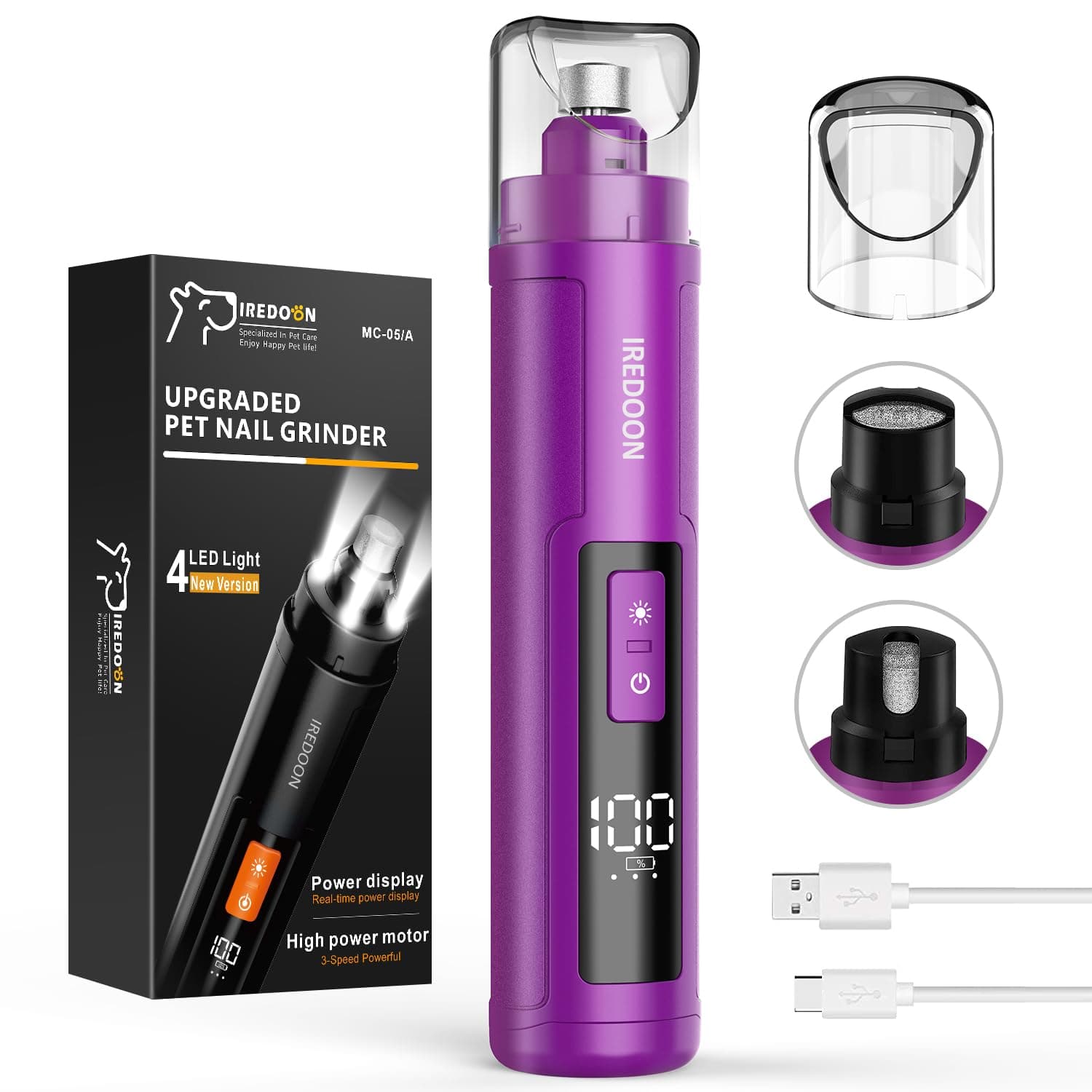 Dog Nail Grinder Upgraded - Professional 3-Speed Super Quiet and Low Vibration Electric Pet Nail Grinder with 4 LED Lights - Painless Paws Grooming & Smoothing for Small to Large Dogs (Purple)