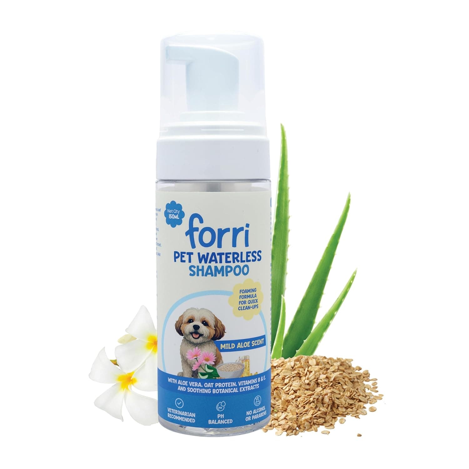 Waterless Pet Shampoo for Dogs & Cats | No-Rinse Foaming Cleanser with Aloe, Oatmeal & Vitamins B3, B5 & E | Gentle, pH Balanced & Alcohol-Free Grooming Foam | Mild Aloe Scent | 150ml