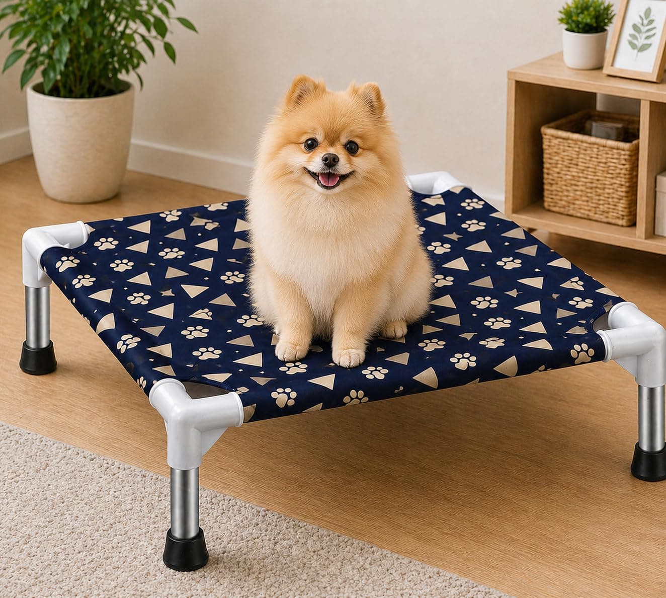 ZEXSAZONE Folding Elevated Dog Bed for Small Dogs & Cats | Cooling Raised Pet Cot with Breathable Fabric, Metal Frame & Anti-Slip Feet | Indoor Outdoor Portable (50x50x20 cm, Blue Print)