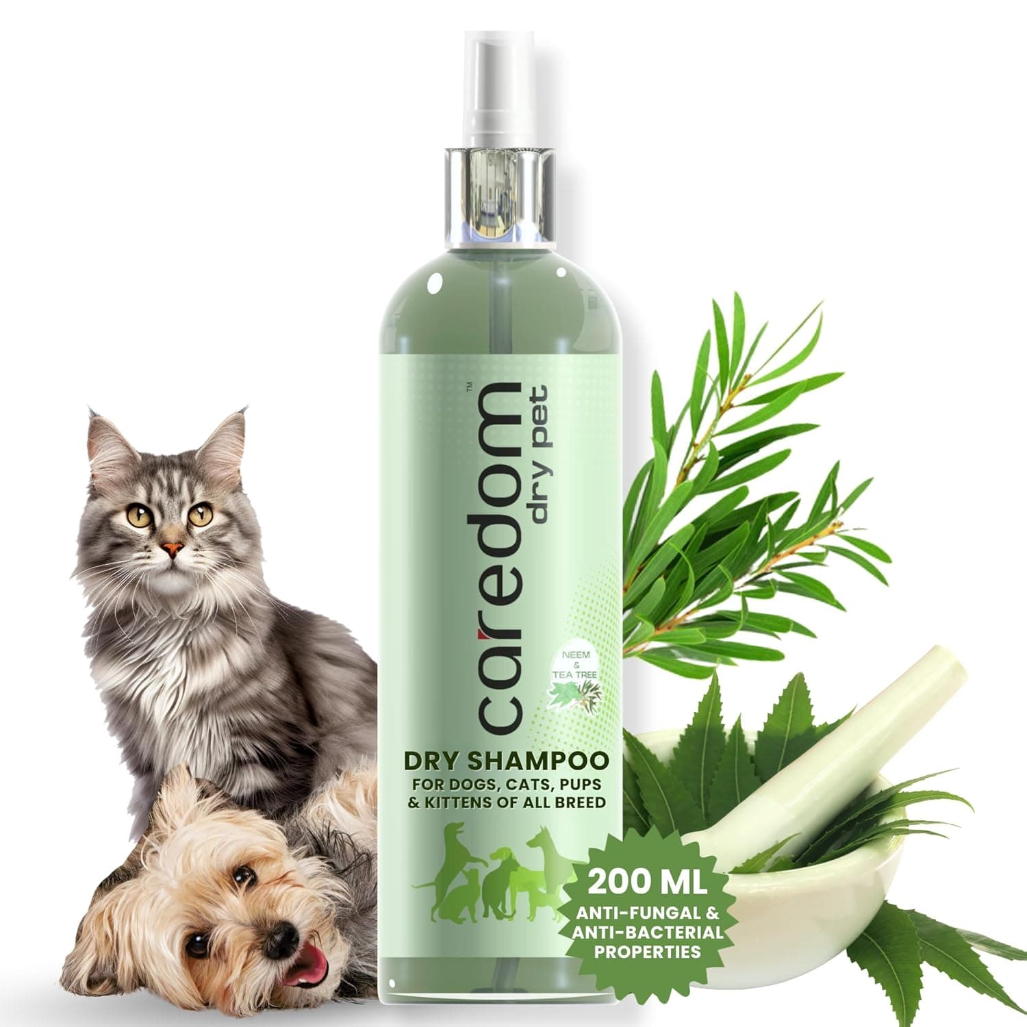 Dry Shampoo for Pets 200 ml with Neem & Tea Tree | Waterless No Rinse Grooming for Dog, Cat, Puppy & Kitten | Fresh and Clean Coat Care | Easy Groom Solution