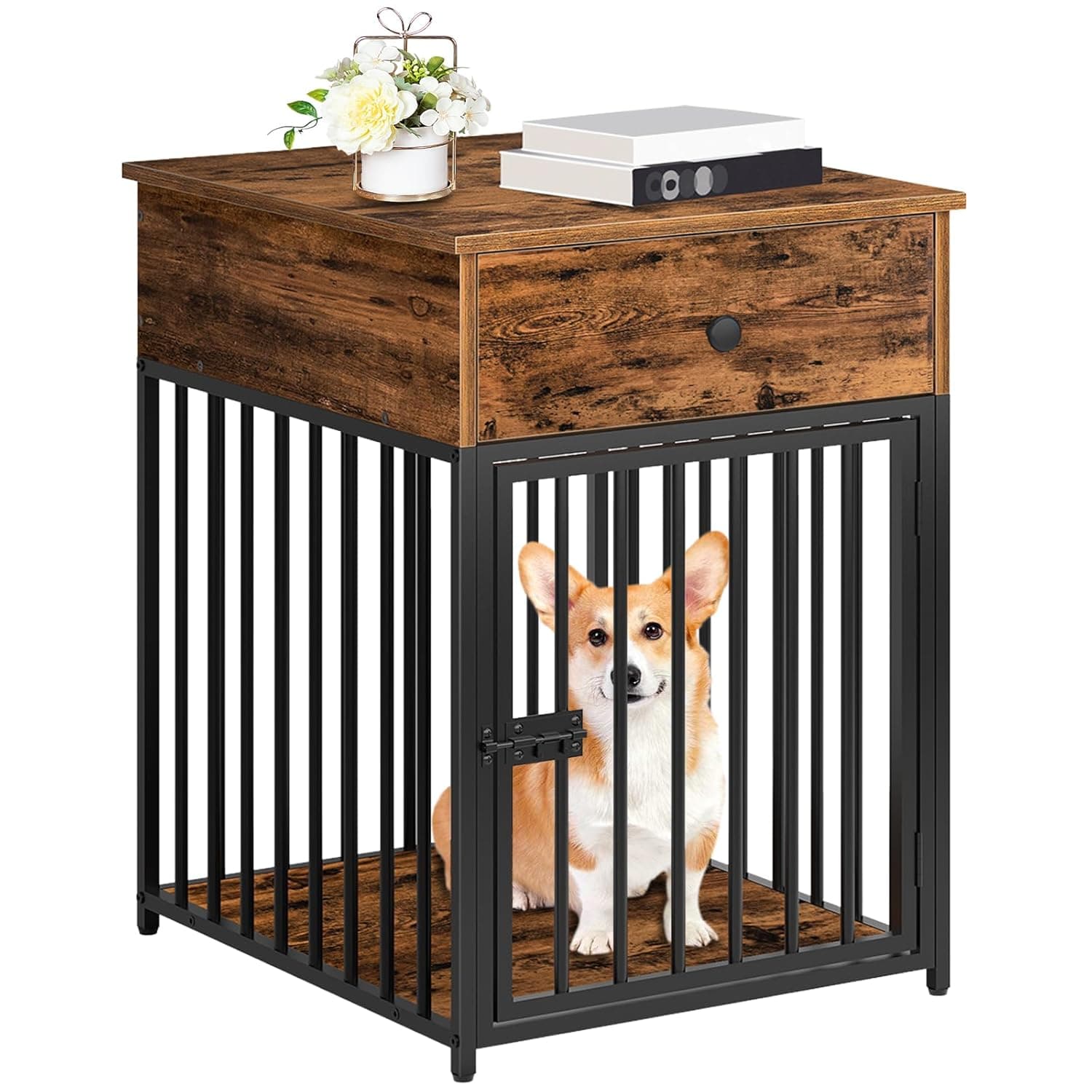 HOOBRO Wooden Dog Crate Furniture, Decorative Pet Crate with Drawer, Dog House End Table, Single-Door Steel-Tube Medium Dog Cage, Chew-Proof and Tear-Proof, Indoor, Rustic Brown and Black BF01GW03