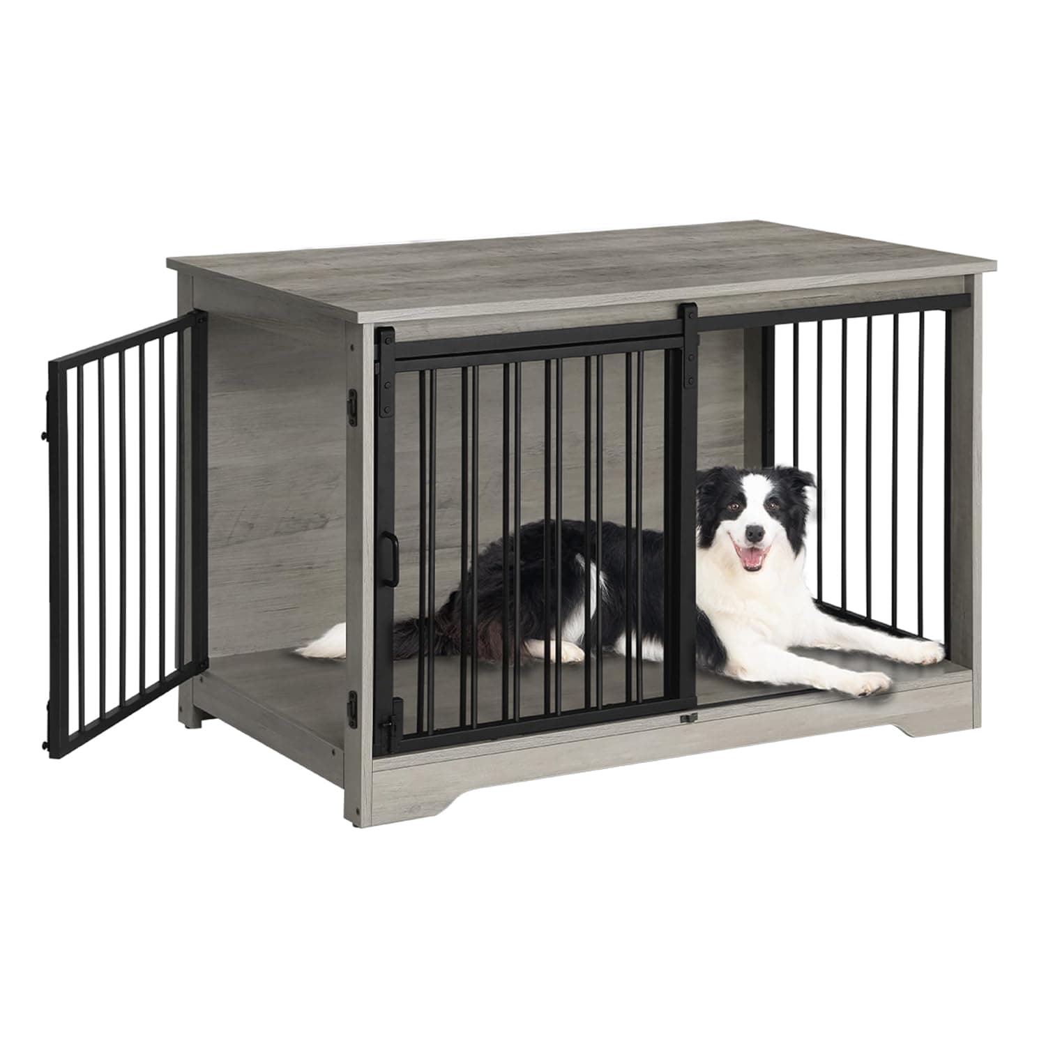 Hzuaneri Furniture Style Dog Crate, Heavy-Duty Dog Kennels with Sliding Barn Door, End Side Table, Wooden Dog House for Small/Medium/Large Dog, Chew-Resistant, Beige and Black DFC02305B