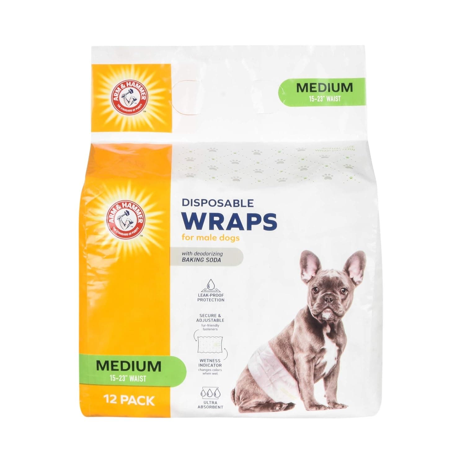 Arm & Hammer for Pets Male Dog Wraps, Medium 12 Ct | Ultra-Absorbent, Adjustable Male Dog Diapers with Leak-Proof Protection & Wetness Indicator | Arm & Hammer Baking Soda Enhanced for Odor Control