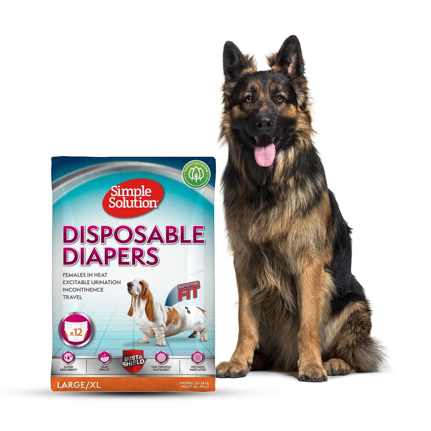 Simple Solution True Fit Disposable Dog Diapers for Female Dogs, Super Absorbent with Wetness Indicator, Leak Proof, Adjustable, Comfortable Fit, Quickly Absorb, Large-XL Size 46-69cm Waist (12 Pack)