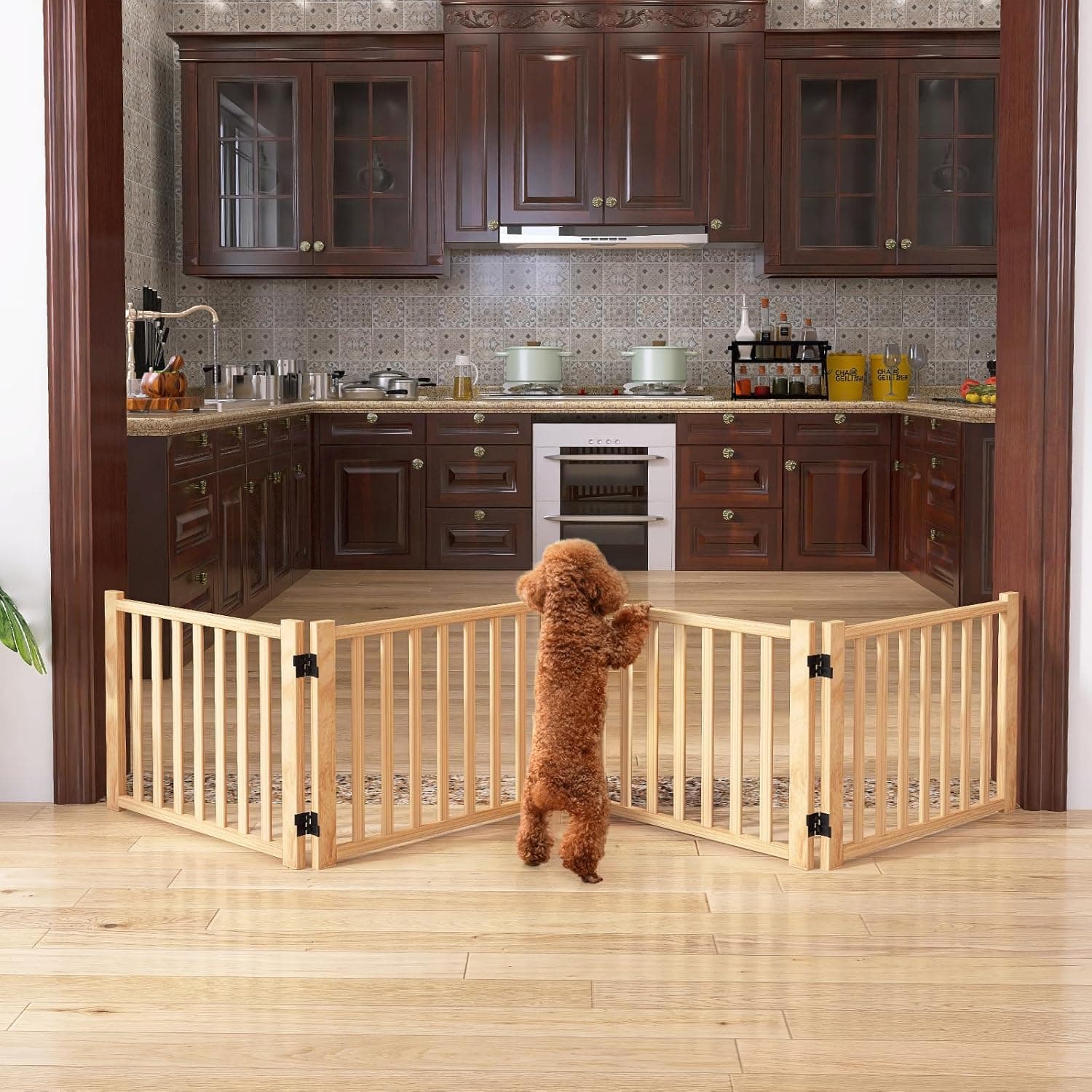 YOCAN Wooden Freestanding Dog Gates for The House,Dog Gates for Doorways, Stairs,Wood Dog Fences Indoor Pet Gate,Step Over Fence-4 Panel 16.9"