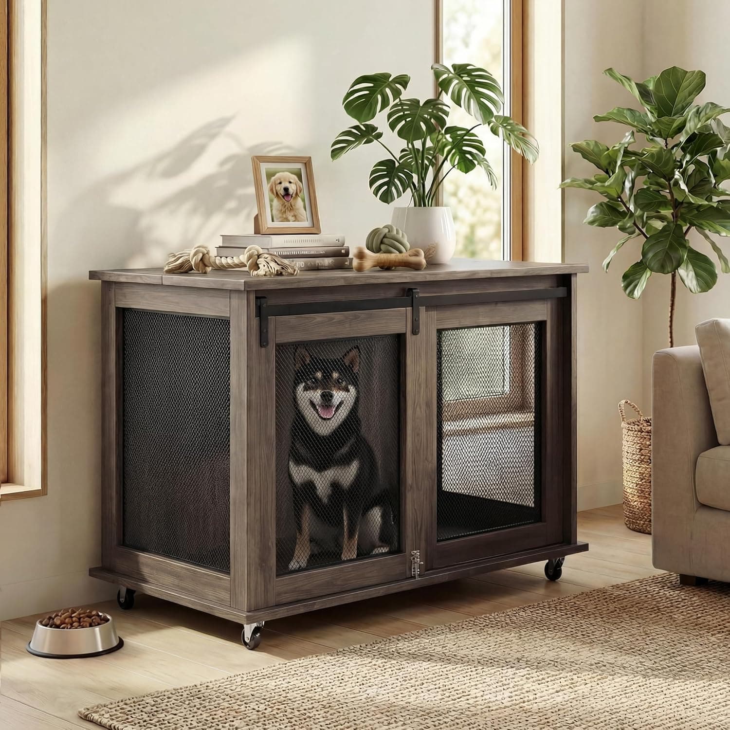 LINLUX 40 Inch Dog Crate Furniture for Large Medium Dogs, Wooden Heavy Duty Dog Kennel Indoor, Decorative Dog Cage Table with Sliding Mesh Door, Wheels and Flip-top Plate