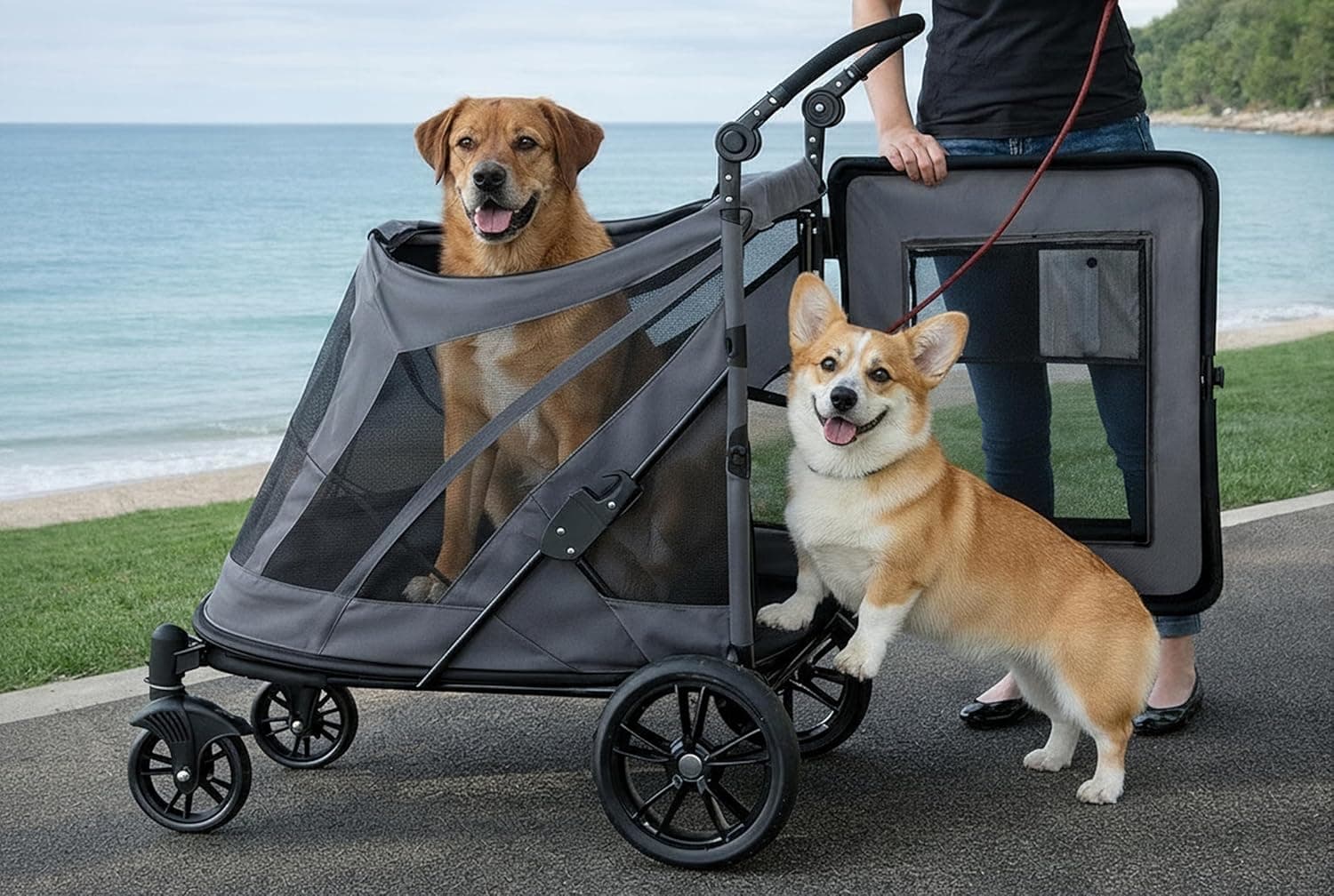 Pet Gear NO-Zip Pet Stroller with Dual Entry, Push Button Zipperless Entry for Single or Multiple Dogs/Cats, Pet Can Easily Walk in/Out, Gel-Filled Tires, Graphite, Excursion