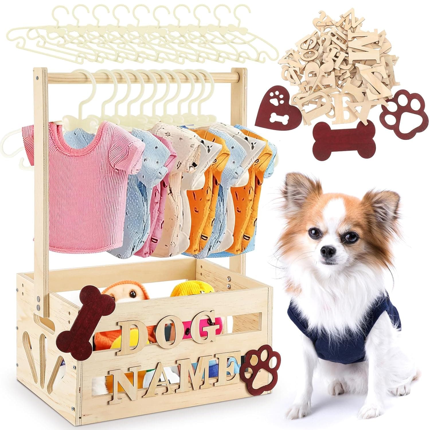 Teenyyou 20" x 13" x 9" Wooden Pet Wardrobe Closet Customizable Crate Box with Hanging Rods and Pers