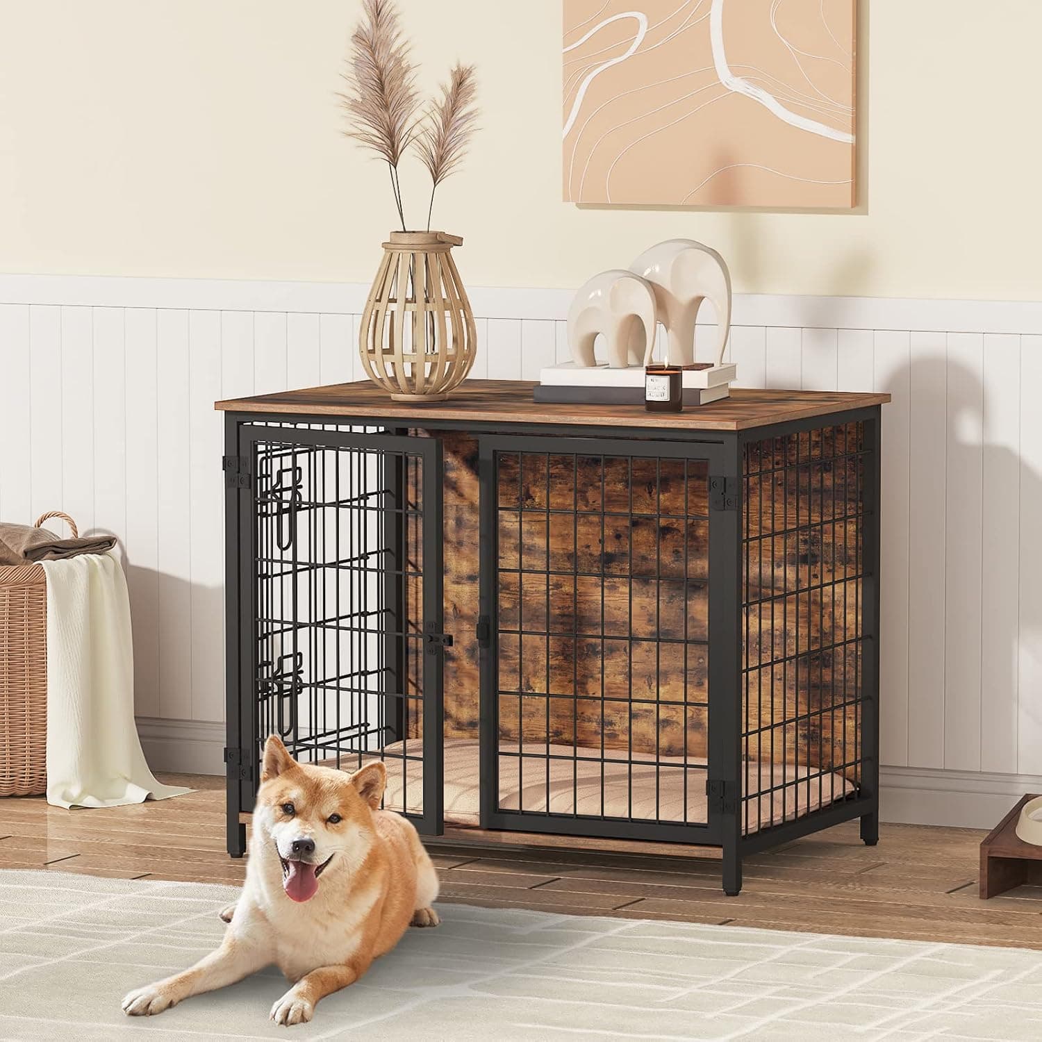 MAHANCRIS Dog Crate Furniture with Cushion, Wooden Dog Kennel with Double Doors, Heavy Duty Dog Cage for Small/Medium/Large Dogs, Indoor Dog House End Table, 31.5" L, Rustic Brown DCHR0701Z1